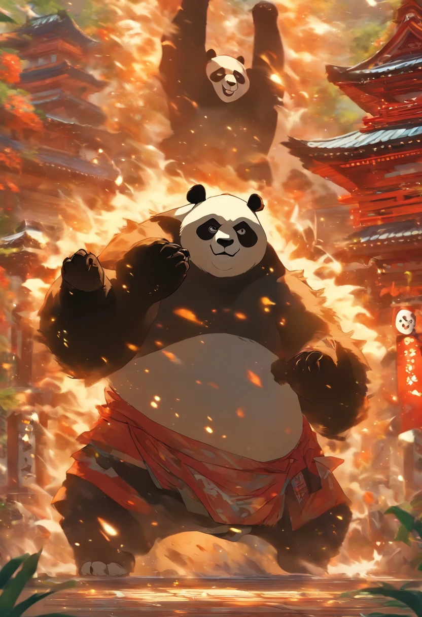 Homem-fera panda gigante,antropomorfo, lutador, em uma postura de luta de sumo, em um templo, feroz, serio, cicatrizes pelo corpo todo, 4k imagem, Estilo anime