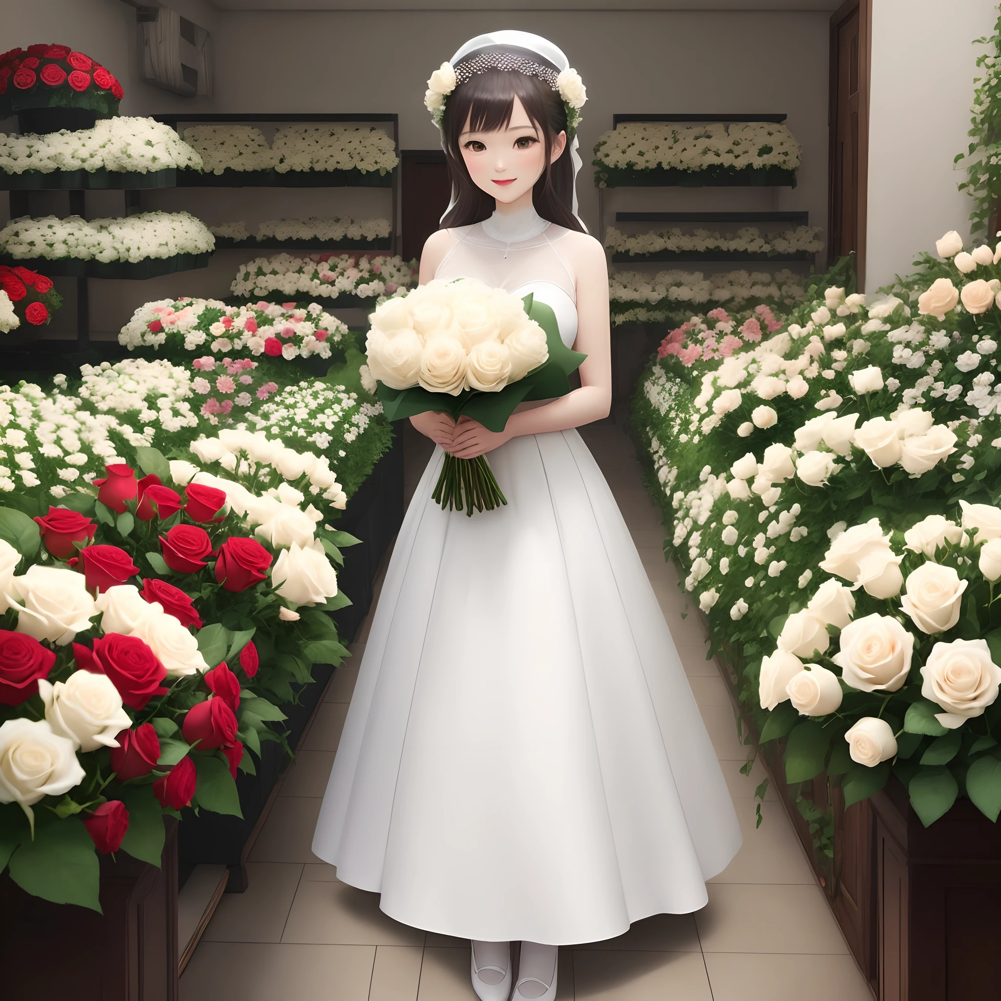 There is a woman in a white dress holding a bouquet of flowers - SeaArt AI