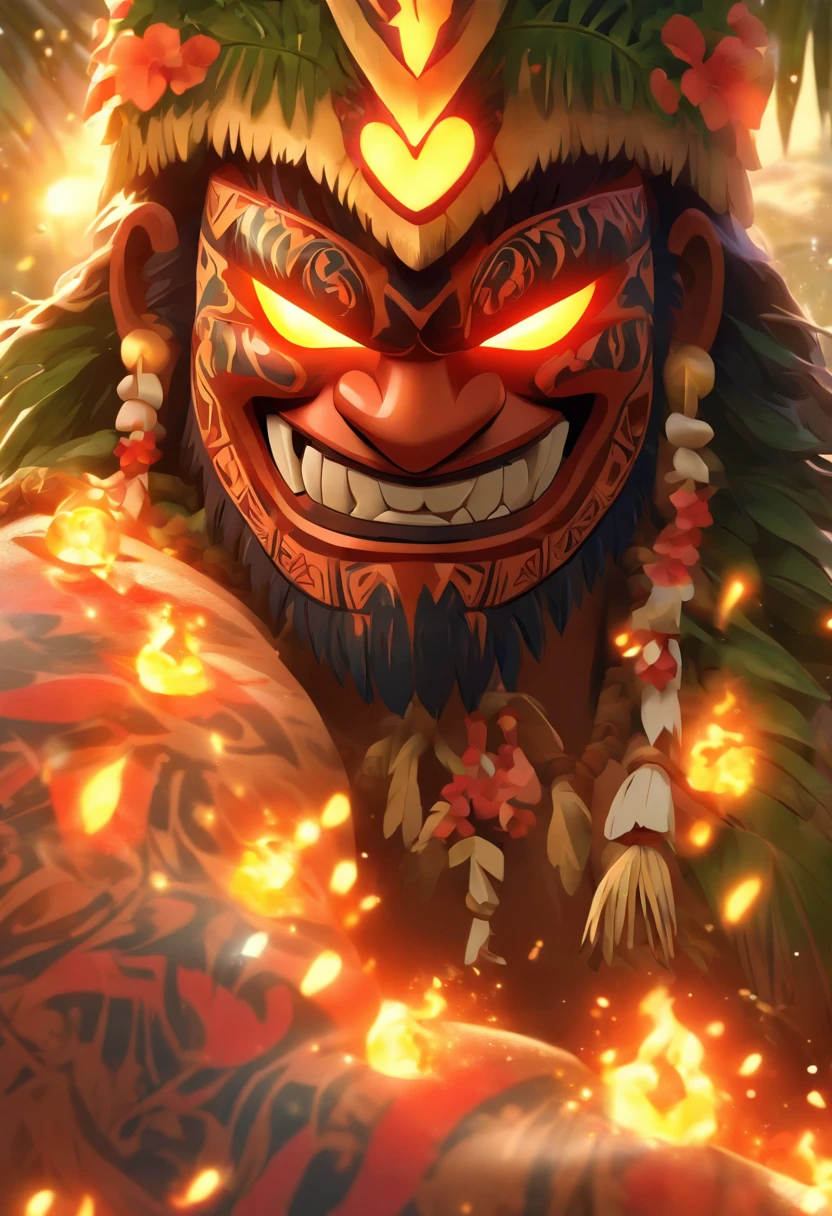 (((Hawaiian Ritual))) best quality, ultra-high resolution, 4K detailed CG, master piece, Man wearing a tribal mask,dark,Dark weather,Tiki mask, Hawaiian clothing, Hawaii, Maori tattoos, Maori mythology, (( Tribal mask)), Maori image style, aesthetic, screen-centered, full body, full body