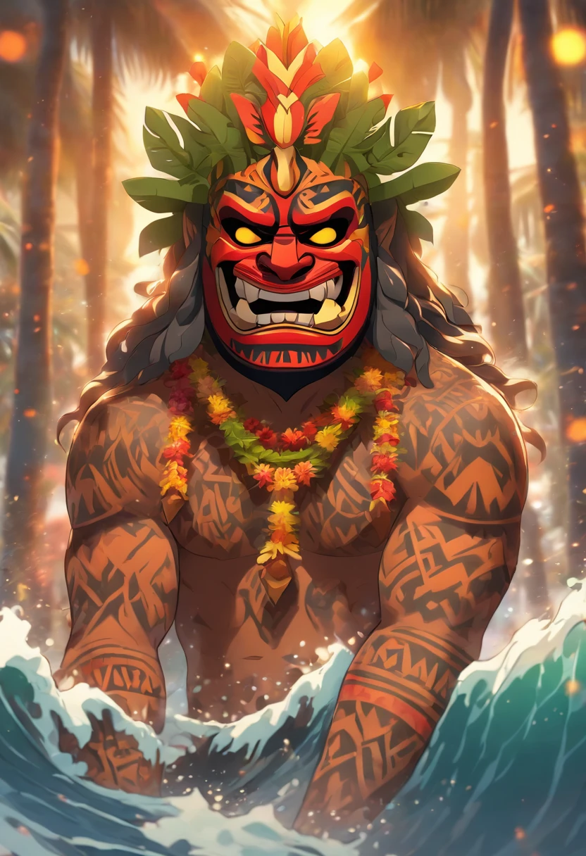 (((Hawaiian Ritual))) best quality, ultra-high resolution, 4K detailed CG, master piece, Man wearing a tribal mask,dark,Dark weather,Tiki mask, Hawaiian clothing, Hawaii, Maori tattoos, Maori mythology, (( Tribal mask)), Maori image style, aesthetic, screen-centered, full body, full body