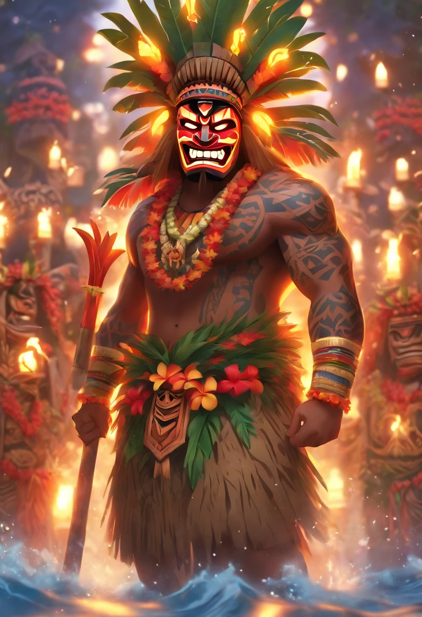 (((Hawaiian Ritual))) best quality, ultra-high resolution, 4K detailed CG, master piece, Man wearing a tribal mask,dark,Dark weather,Tiki mask, Hawaiian clothing, Hawaii, Maori tattoos, Maori mythology, (( Tribal mask)), Maori image style, aesthetic, screen-centered, full body, full body