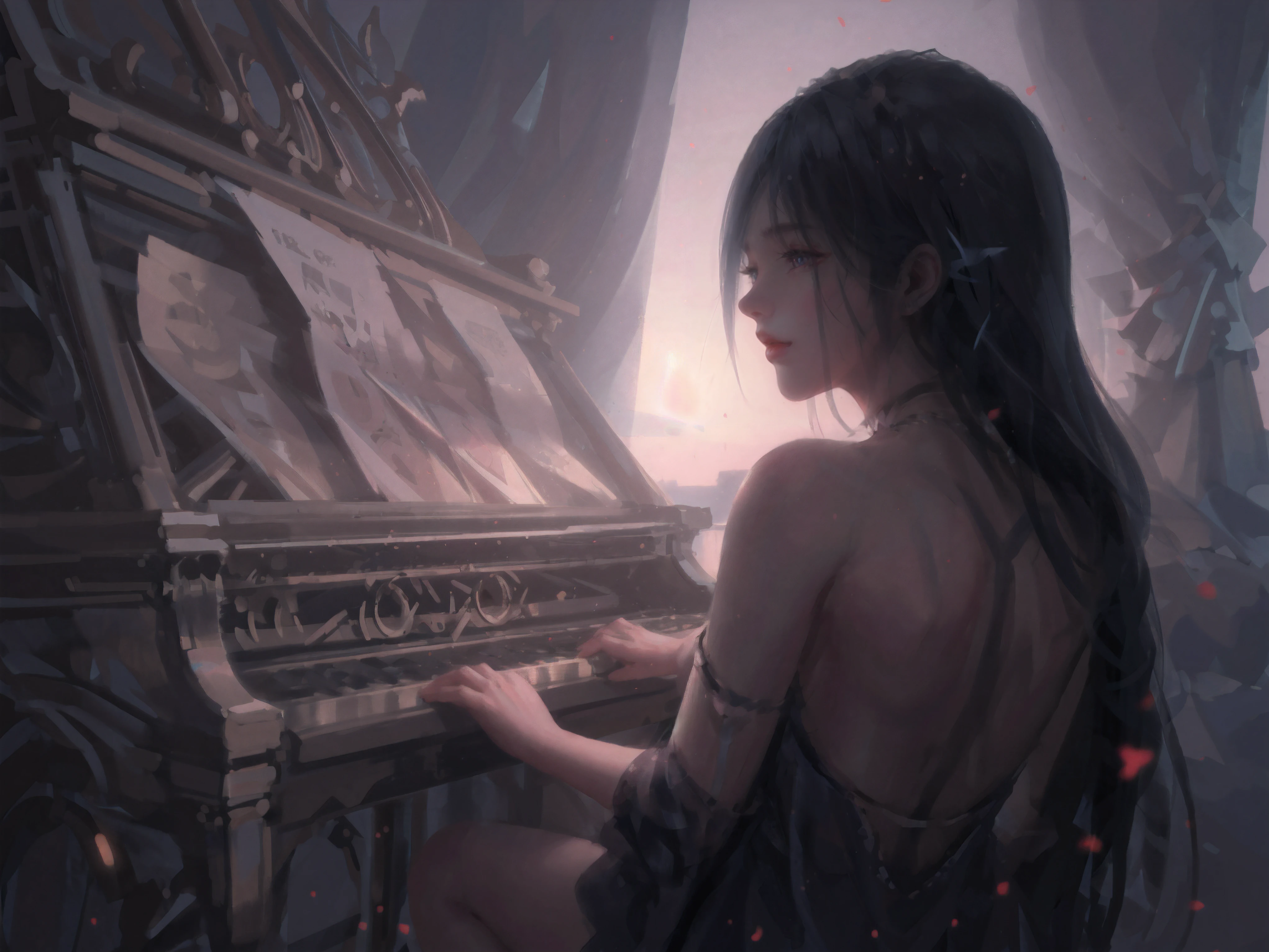 Raw, cinematic shot, (sharp focus:1.5), (photorealistic:1.4), twilight lighting, volumetric lighting, ultra high res, 16K,dramatic lighting, 
from back,solo,1girl,playing piano