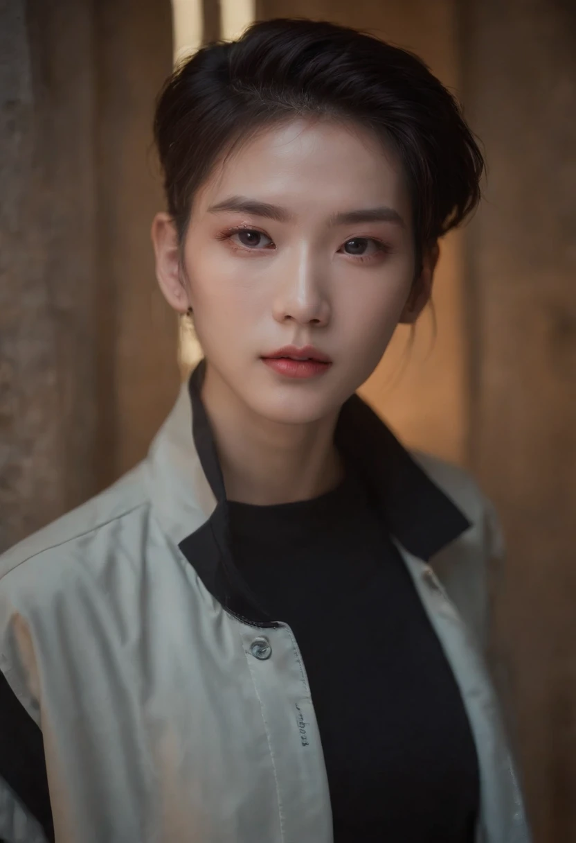 Foto de retrato de rosto completo de Hwang Hyunjin, beautiful man, Strawberry lips half-open, covinhas, melancholy gaze, Pupilas grandes, olhos afiados como uma raposa, large eyelashes, homem bonito (cabelos loiro extra curtos), ((rosto detalhado)), ((detailed facial features)), (pele finamente detalhada), pale skinned, (decote profundo detalhado camiseta cyberpunk de alta tecnologia), ambiente cyberpunk cyberpunk megacity, (cores frias), humid, humid, reflexions, (master part) (perfect aspect ratio) (Realistic photo) (best quality) (circunstanciado) filmado em uma Canon EOS R5, Mola 50mm, F/2.8, HDR, (8k) (papel de parede) (Cinematic lighting) (dramatic lighting) (foco nítido) (intrincado)