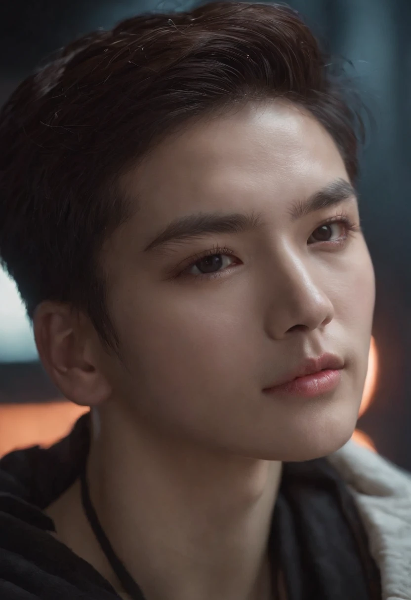 Foto de retrato de rosto completo de Hwang Hyunjin, beautiful man, Strawberry lips half-open, covinhas, melancholy gaze, Pupilas grandes, olhos afiados como uma raposa, large eyelashes, homem bonito (cabelos loiro extra curtos), ((rosto detalhado)), ((detailed facial features)), (pele finamente detalhada), pale skinned, (decote profundo detalhado camiseta cyberpunk de alta tecnologia), ambiente cyberpunk cyberpunk megacity, (cores frias), humid, humid, reflexions, (master part) (perfect aspect ratio) (Realistic photo) (best quality) (circunstanciado) filmado em uma Canon EOS R5, Mola 50mm, F/2.8, HDR, (8k) (papel de parede) (Cinematic lighting) (dramatic lighting) (foco nítido) (intrincado)