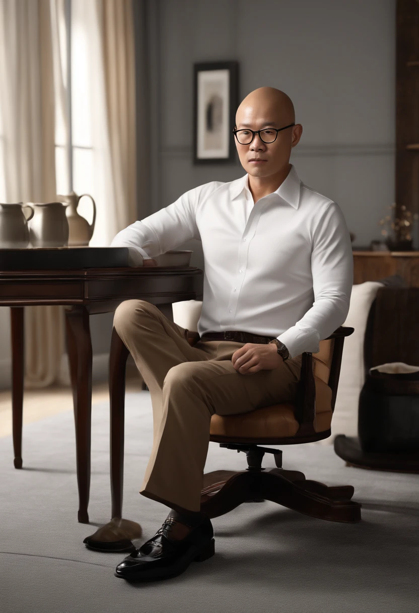 (best quality,4k,8k,highres,masterpiece:1.2),ultra-detailed,(realistic,photorealistic,photo-realistic:1.37),a 40-year-old Chinese man without hair and wearing black-framed glasses, sitting on a chair, wearing a Ralph Lauren white polo shirt, brown trousers, and black leather shoes, with a gray carpet and white wall background,office