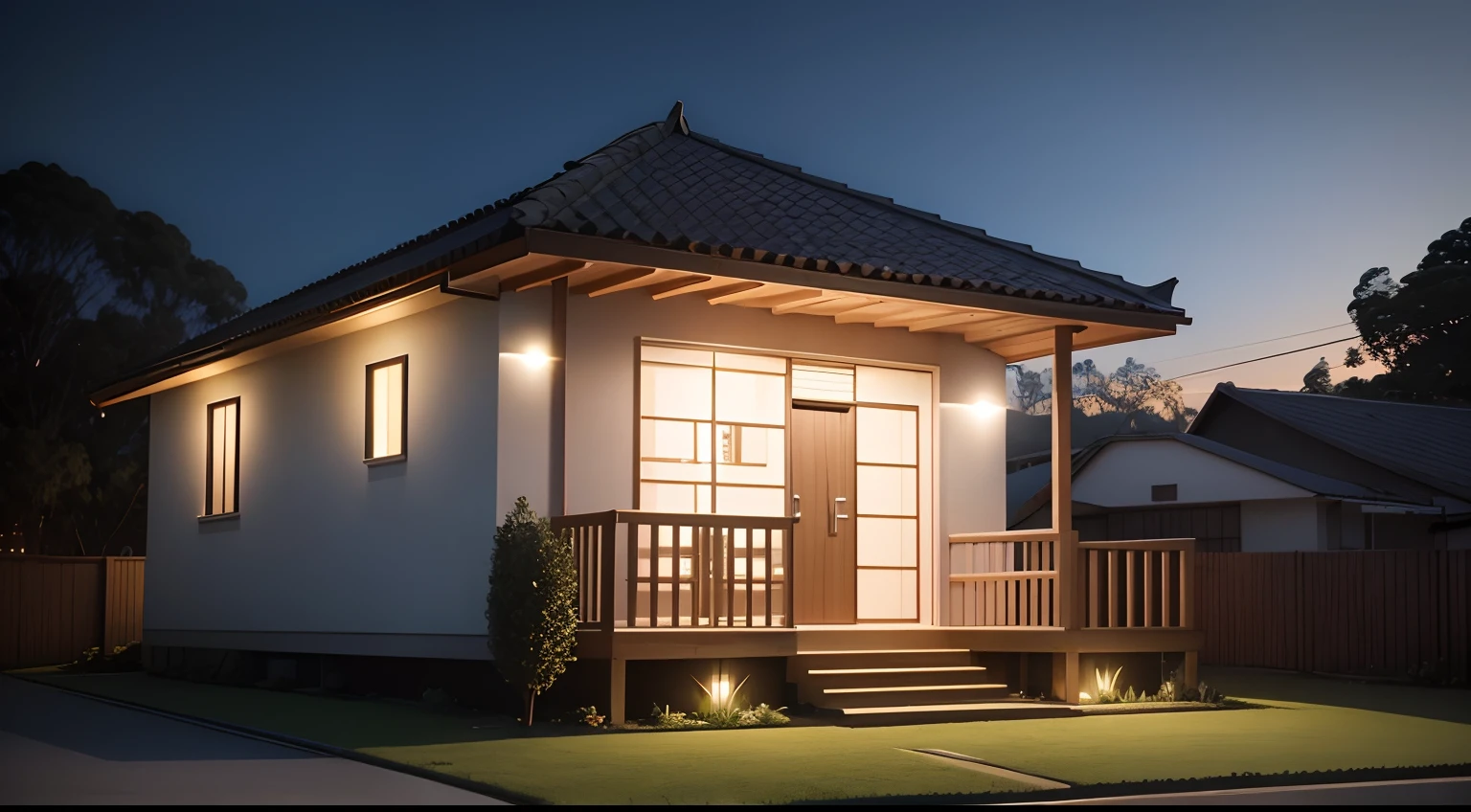 Casa no campo, no meio da flotesta, campo gramado em volta, Cinematic qualide, night ligthning, Lumion Pro rendering.