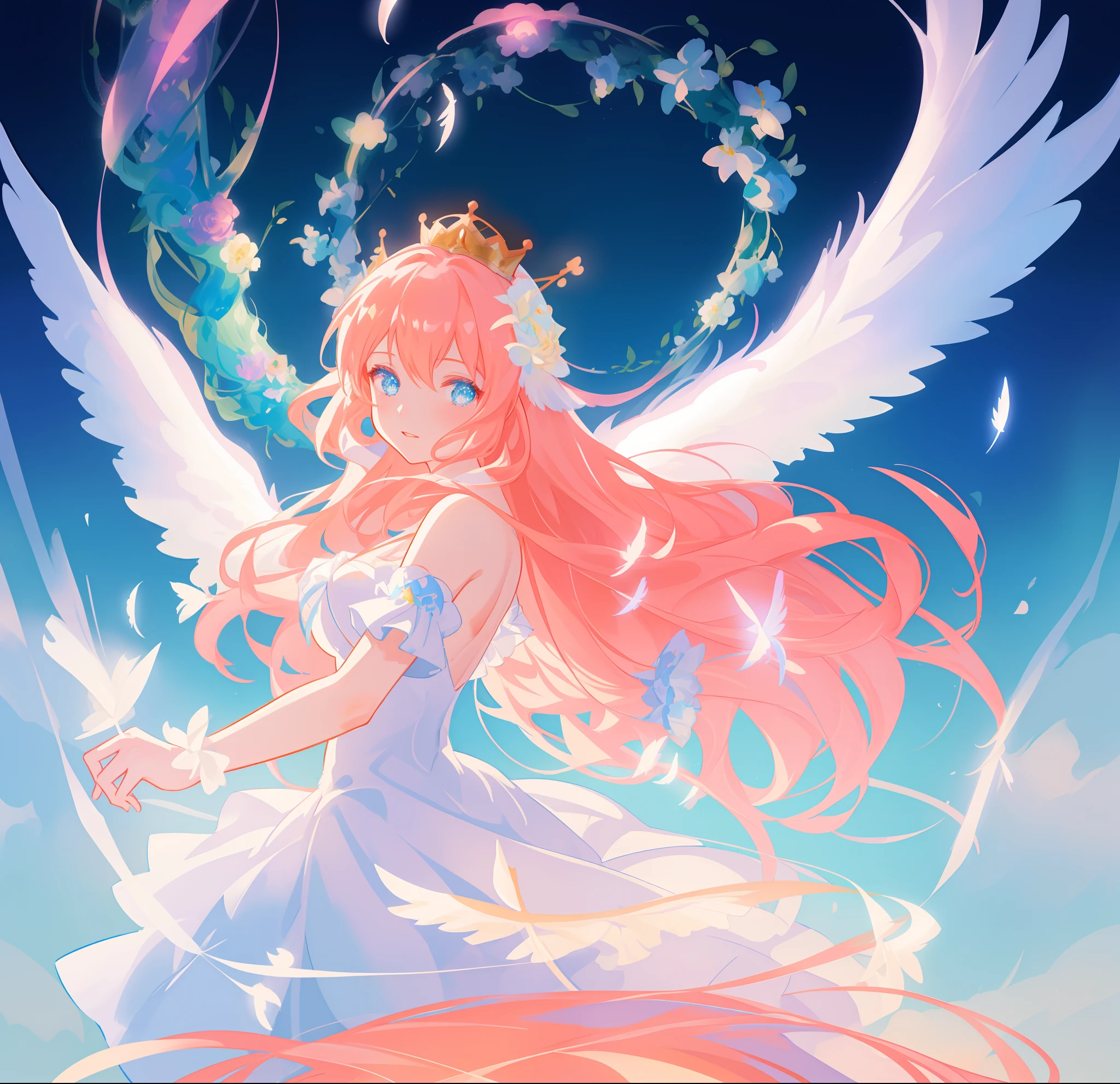 beautiful girl in flowing white dress, (glowing angel wings), glowing flowing ballgown, (large feathery white angel wings), angel wings, white feathers, flowing white ballgown dress, sparkling crown of white flowers on her head, long wavy red hair, sparkling angel wings, watercolor illustration, flowers and colorful plants, inspired by Glen Keane, inspired by Lois van Baarle, disney art style, by Lois van Baarle, glowing aura around her, by Glen Keane, jen bartel, glowing lights! digital painting, flowing glowing hair, glowing flowing hair, beautiful digital illustration, fantasia otherworldly landscape plants flowers, beautiful, masterpiece, best quality, anime disney style