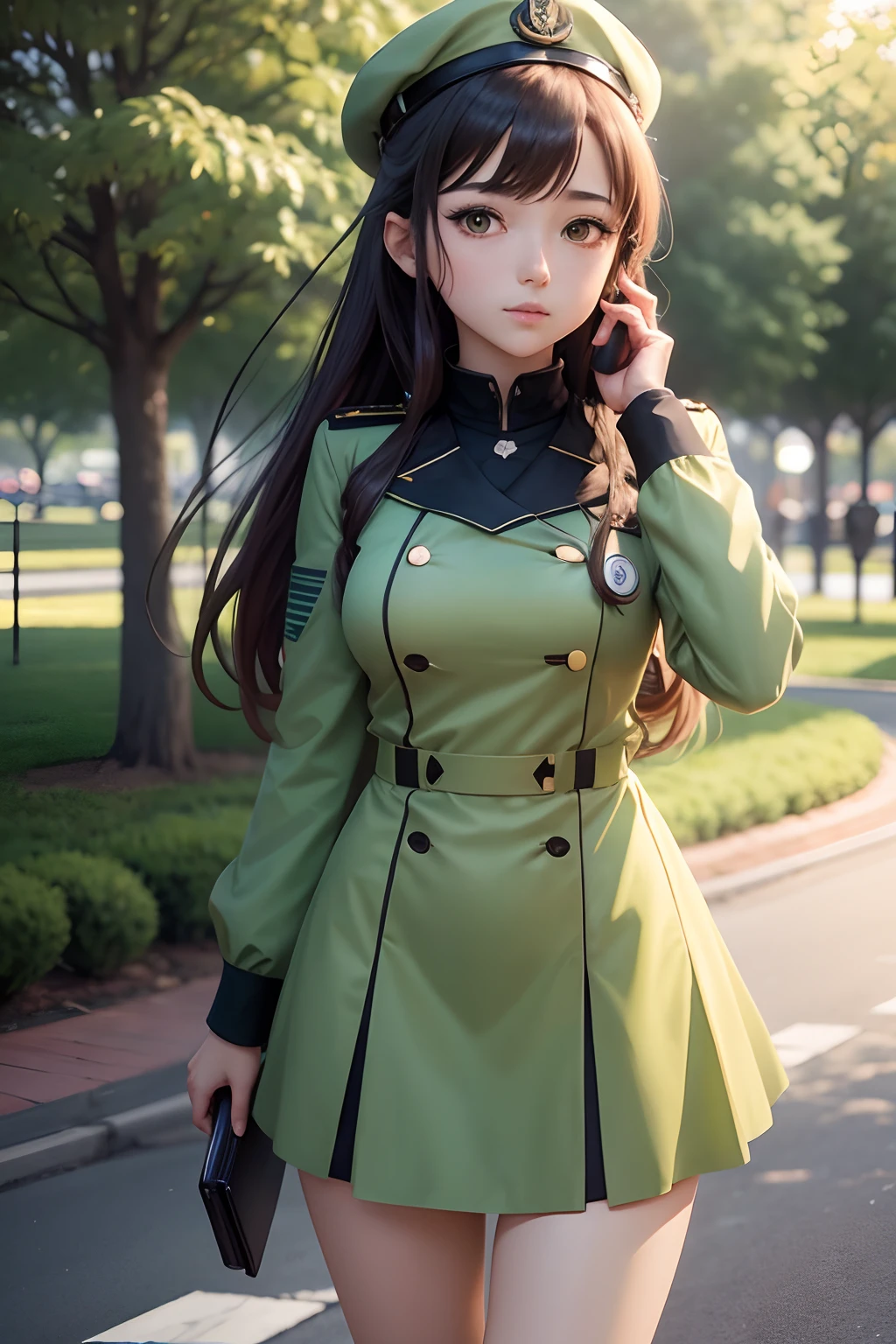 anime girl in uniform talking on cell phone in front of a tree, anime moe artstyle, official art, official artwork, anime visual of a cute girl, official character art, light green color eyes marin kitagawa fanart, made with anime painter studio, iwakura lain, painted in anime painter studio, rin, shirabii, kantai collection style, yandere. tall HD UHD 4K