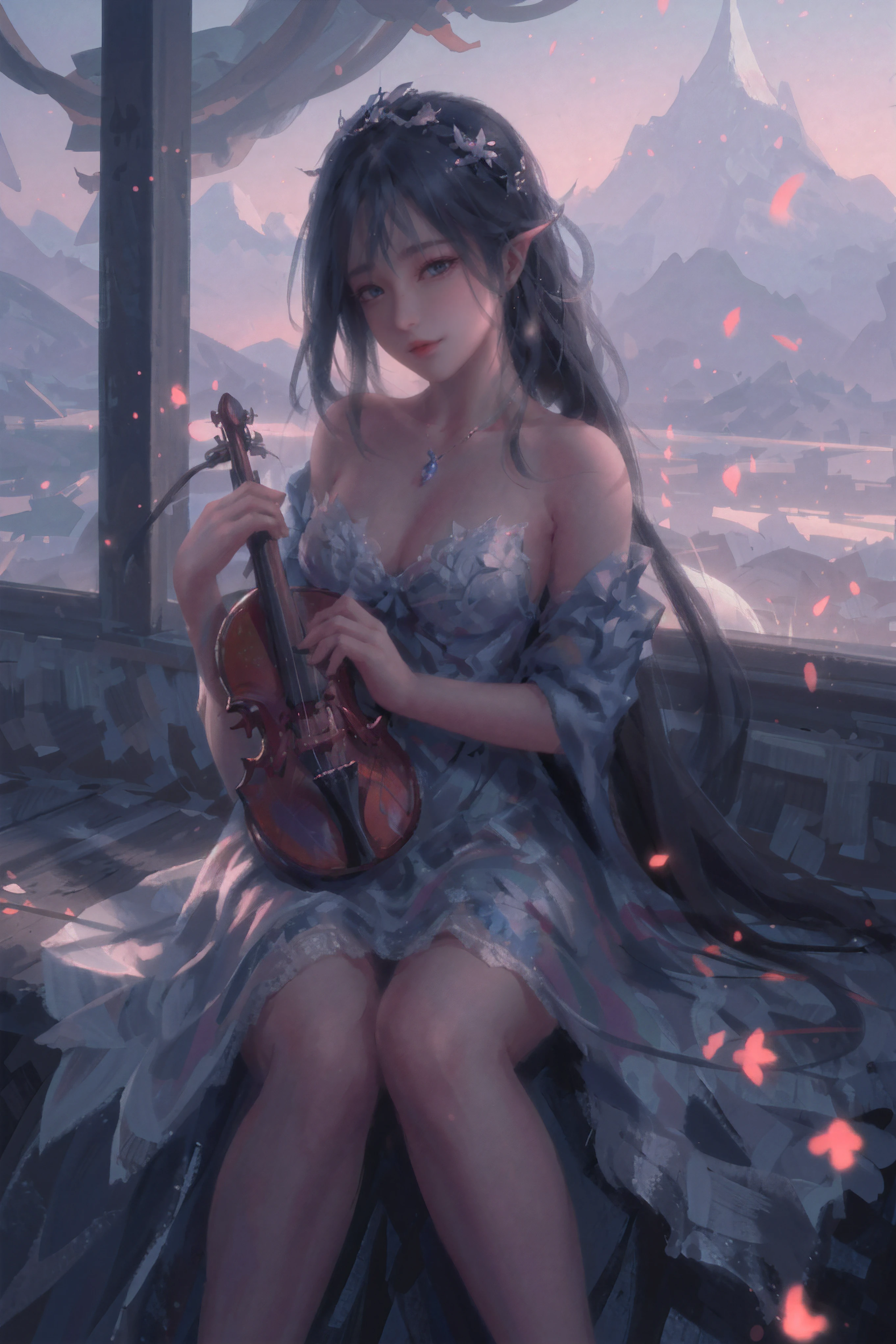 Raw, cinematic shot, (sharp focus:1.5), (photorealistic:1.4), twilight lighting, volumetric lighting, ultra high res, 16K,dramatic lighting, 1girl, solo, long hair, violin, instrument, black eyes, dress, white dress, white hair, looking at viewer, light particles, closed mouth, indoors, jewelry, sleeveless, bare shoulders, bangs, head tilt, black rose, beautiful detailed eyes, detailed background, amanhecer, cloud, flower, sky, scenery, day, grass, outdoors, blue_sky, field, cloudy_sky, horizon, hydrangea, water, ocean, mountain, blue_flower, flower_field, bird, The black bow on the head, qingsha, plyaing violin, harp, sole, foot focus, violin,