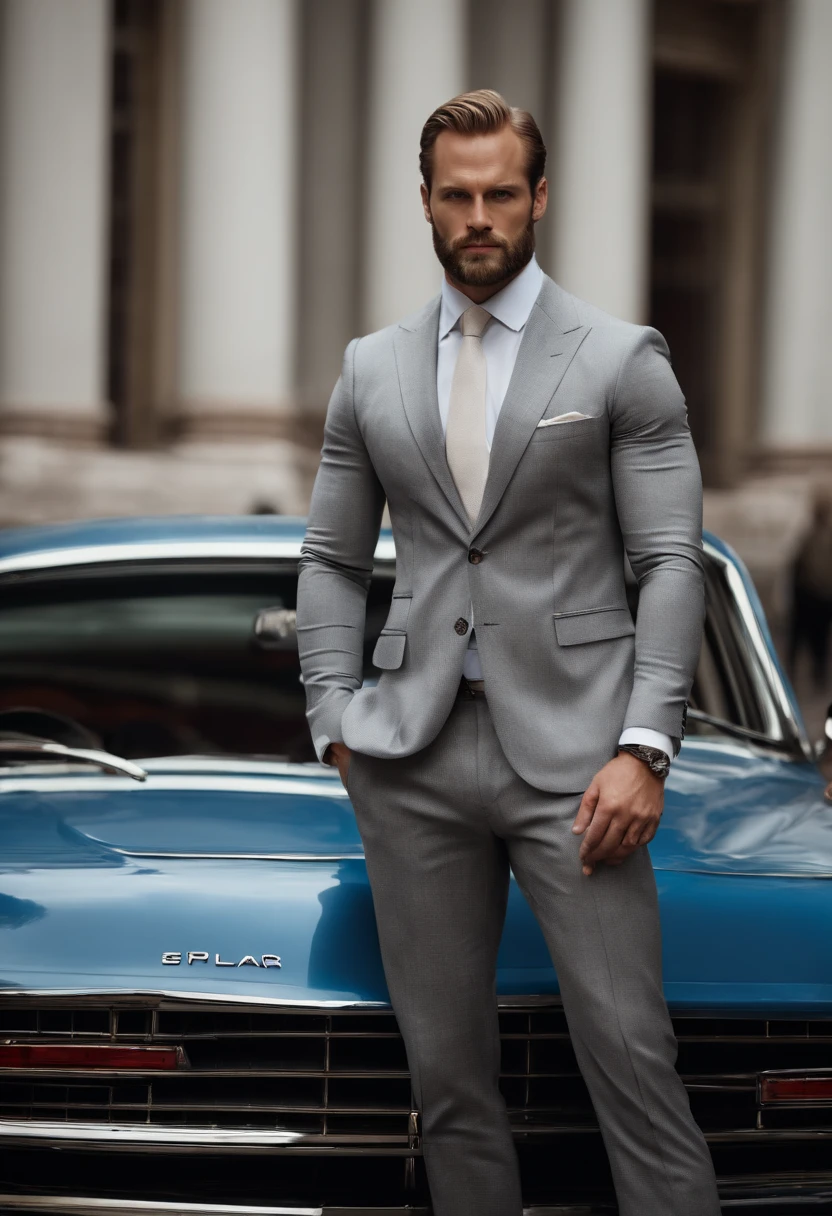 A 36 year old man, bearded, very Handsome, blonde, blue eyes, two legs, muscled, five fingers, white sock, Ultra-thin tights（Detailed eyes：1.3), full body Esbian, character standing, Nice Pose, Handsome man, Pretty Face, royal elegant pose, businessman, (In a striped blazer), (The surrounding environment is a luxurious and classic living room) (Sandtone imagery) Alexander Skarsgård face lookalike, Henry Cavill face lookalike, ultra realistic, royalty prince looking, old money aesthetic, Swedish looking, Joel Kinnaman lookalike, classy suit, Rolex, classic car in the background, royalty looking, wearing Ralph Lauren suit