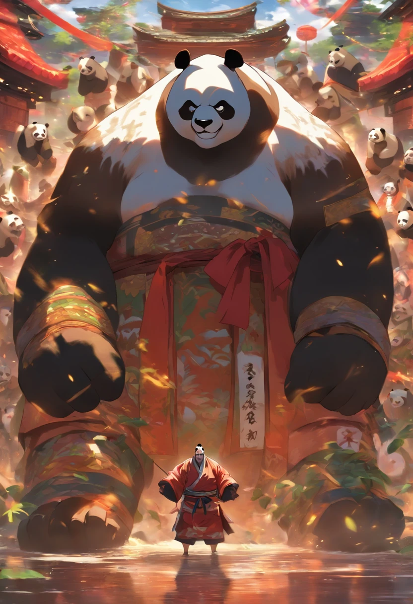 Homem-fera panda gigante, antropomorfo, lutador de sumo, Guerreiro, Monge, em uma postura de luta, em um templo, feroz, cicatrizes pelo corpo todo, 4k imagem, Estilo anime