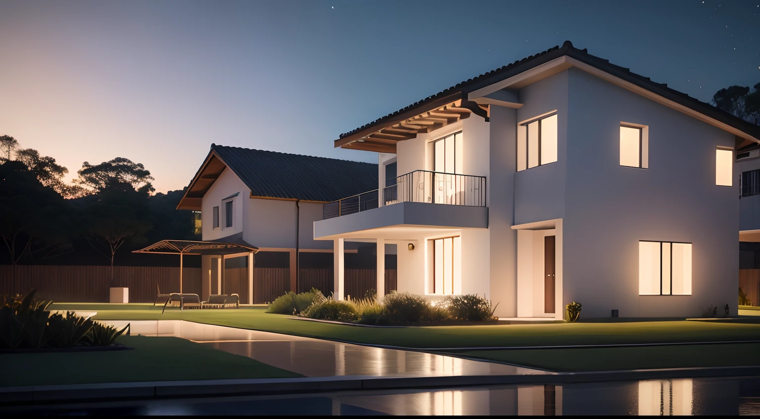 Casa no campo, no meio da flotesta, Ground floor onlyA, campo gramado em volta, Cinematic qualide, night ligthning, Lumion Pro rendering.
