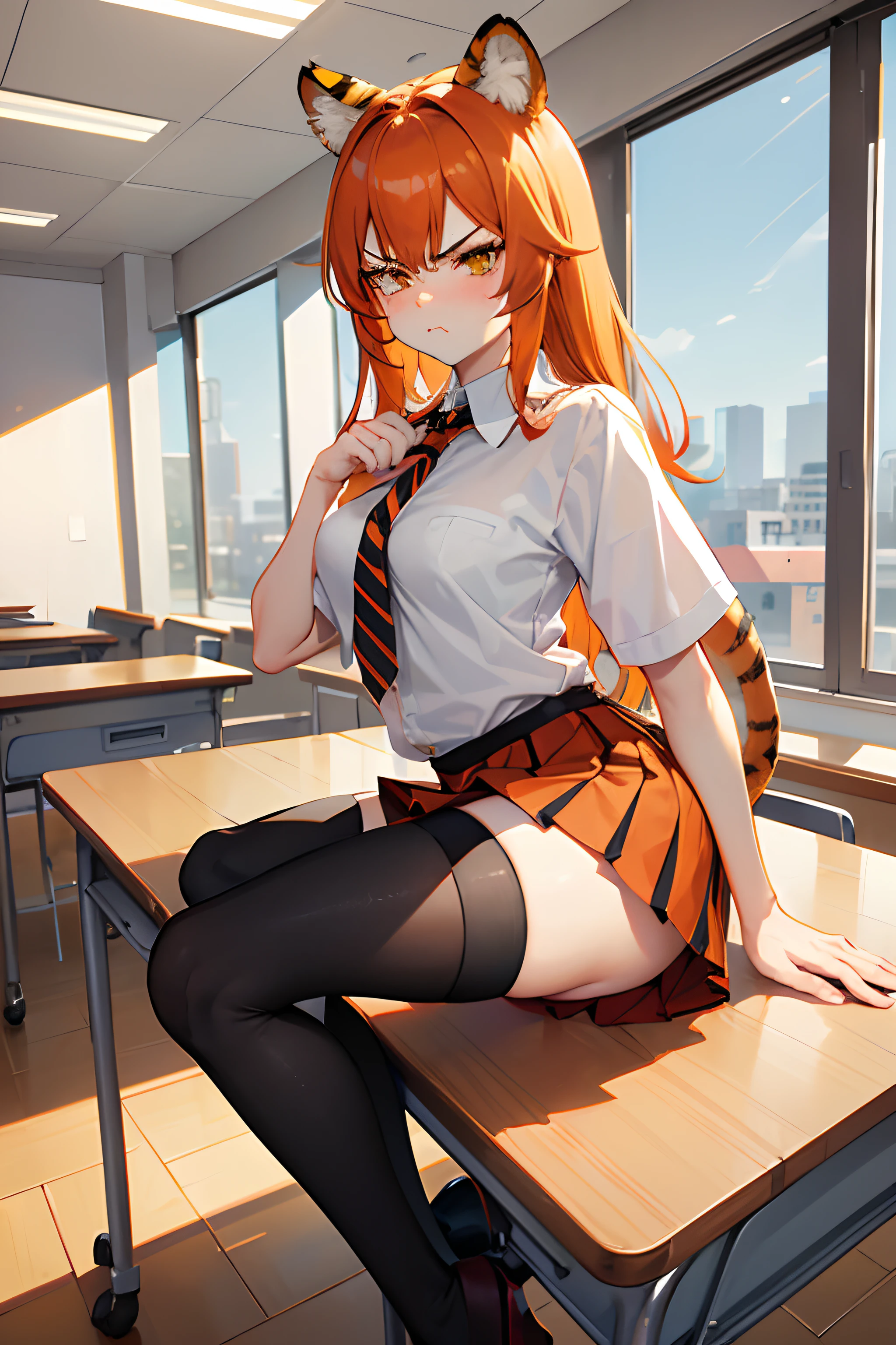 (simplistic),full body view,intricate details,(best quality),(masterpiece:1.2),(detailed:1.2),(sharp focus), (orange hair with black stripes), ((cartoon style)), tiger hybrid, tiger girl, skirt, white social shirt, red tie, tiger ears, tiger puffy tail, ((adult)), ((mature)), big ass, school classroom background, classroom background, (((alone))), (sat on school desk), (white thigh high socks) (((angry face))) (((pout))) (cute)