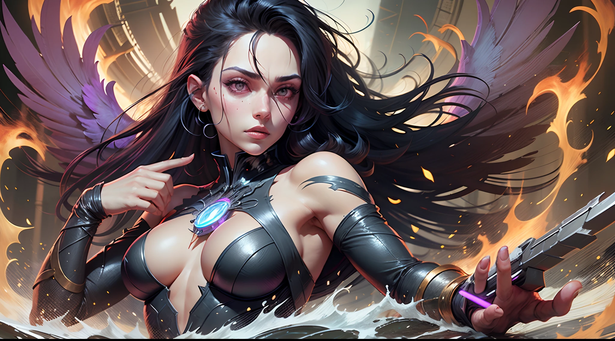 Raven of the Young Titans with her possessed super power Red Eyes Long Black Hair Purple Outfit Fire Fire Purple Purple Raven --auto --s2