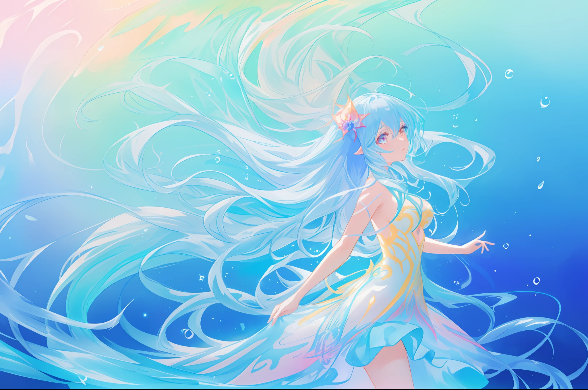 beautiful anime girl in colorful multi-layered dress made of liquid, long flowing liquid hair, magical water, water bubbles, colorful fantasia background, flowing liquid lines of light, magical water, ((vibrant pastel colors)), (colorful), magical lights, sparkling lines of light, inspired by Glen Keane, inspired by Lois van Baarle, disney art style, by Lois van Baarle, glowing aura around her, by Glen Keane, jen bartel, glowing lights! digital painting, flowing glowing hair, glowing flowing hair, beautiful digital illustration, fantasia background, whimsical, magical, fantasy, beautiful face, ((masterpiece, best quality)), intricate details, highly detailed, sharp focus, 8k resolution, sparkling detailed eyes, liquid watercolor