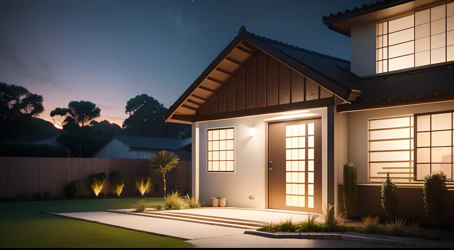 Casa no campo, no meio da flotesta, Ground floor onlyA, campo gramado em volta, Cinematic qualide, night ligthning, Lumion Pro rendering.