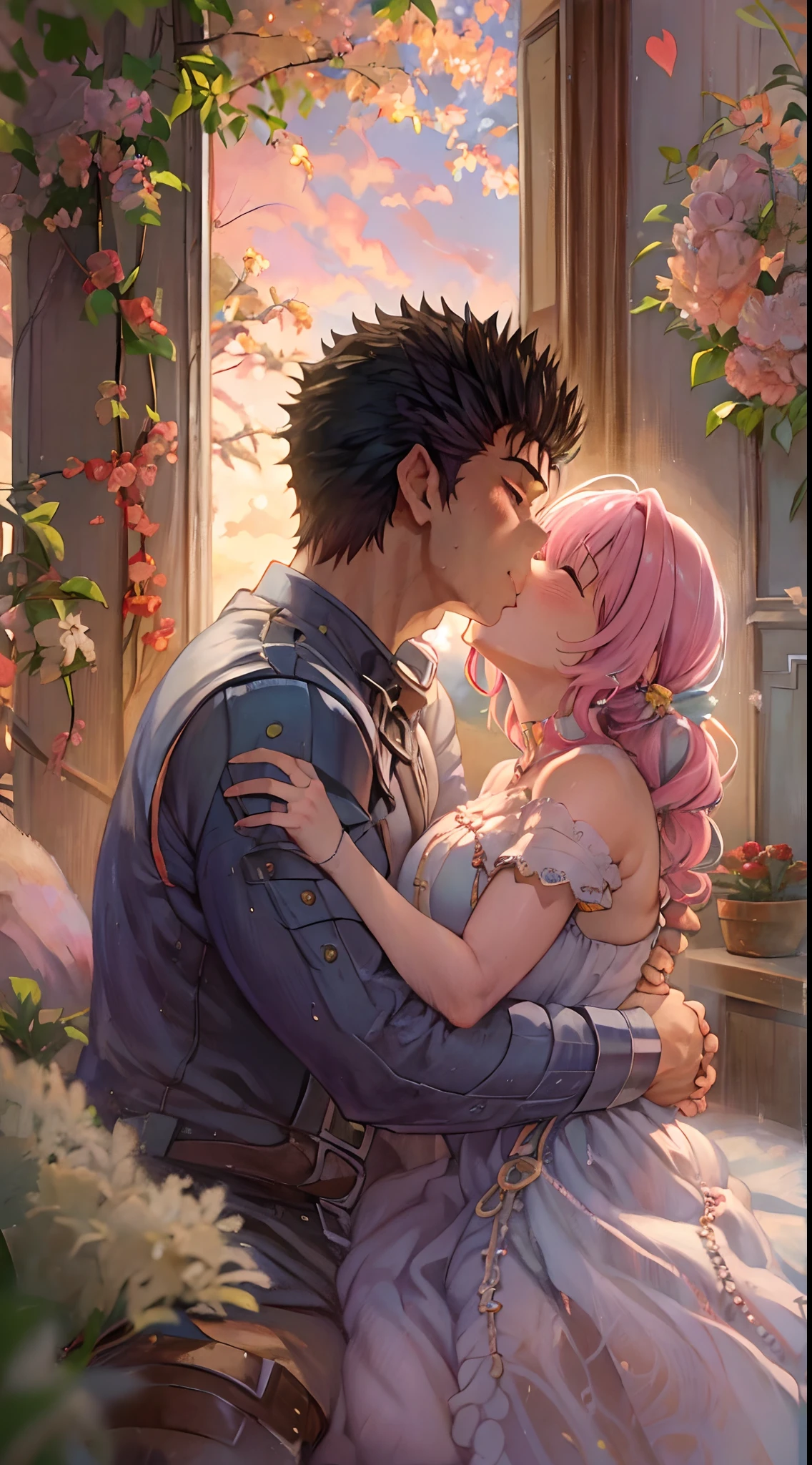 riamu,guts,couple,husband and wife,love dovey couple,sitting,hug,kiss,smile,(best quality,4k,8k,highres,masterpiece:1.2),ultra-detailed,(realistic,photorealistic,photo-realistic:1.37),traditional oil painting,romantic evening scene,soft lighting,vivid colors,expressive brushstrokes,late summer sunset,whispering sweet nothings,gentle breeze,dreamlike atmosphere,glowing warmth,subtle smiles,loving gazes,delicate touch,fingers intertwined,heartfelt connection,embrace that speaks volumes,endless love,unbreakable bond,pure happiness,eternal love,deep affection,contentment in each other's arms,goosebumps of joy,cheeks filled with blush,a moment frozen in time,celebration of love's beauty, berserk, idolm@ster