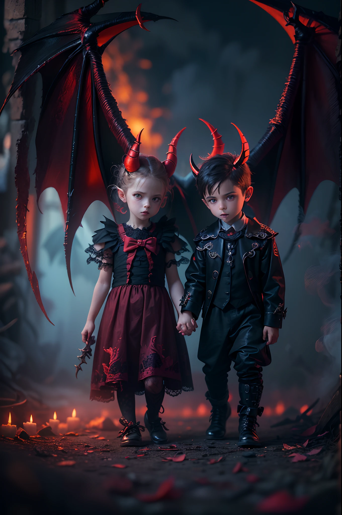 (best quality,4k,8k,highres,masterpiece:1.2),ultra-detailed,(realistic,photorealistic,photo-realistic:1.37), Devil Boy and Devil Girl Holding Hand, Bat Wings, Devil Horns, Devil Tail, vibrant colors, glowing background, mysterious lighting, digital art, dark fantasy style, gothic atmosphere, dramatic pose, surreal elements, intricate details, smoke effects