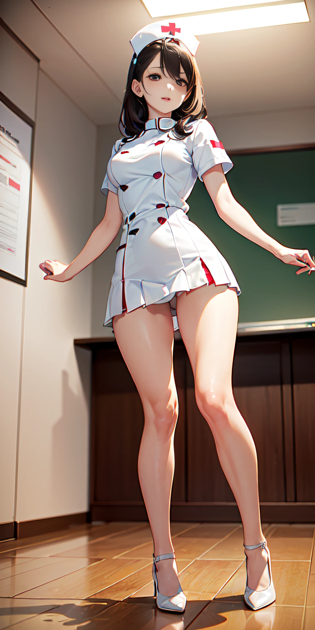 american shot, full body, perfect image, face symmetrical, (dark brown hair color), messy hair, eyes of the same hair color, Slim build, (only 1 slim Hungarian woman of ), ((student and (( (woman nurse in white uniform with 60% pleated miniskirt, bare thighs and legs))), (upward wind))), seductive pose, perfect body, she is in front of a waiting room in a hospital, There is a very strong upward wind strong, intricate details, Pose: sexy rear dynamics, high contrast, Solar side lighting, detailed contrast light and shadow, Canon eos professional camera with 50mm lens,