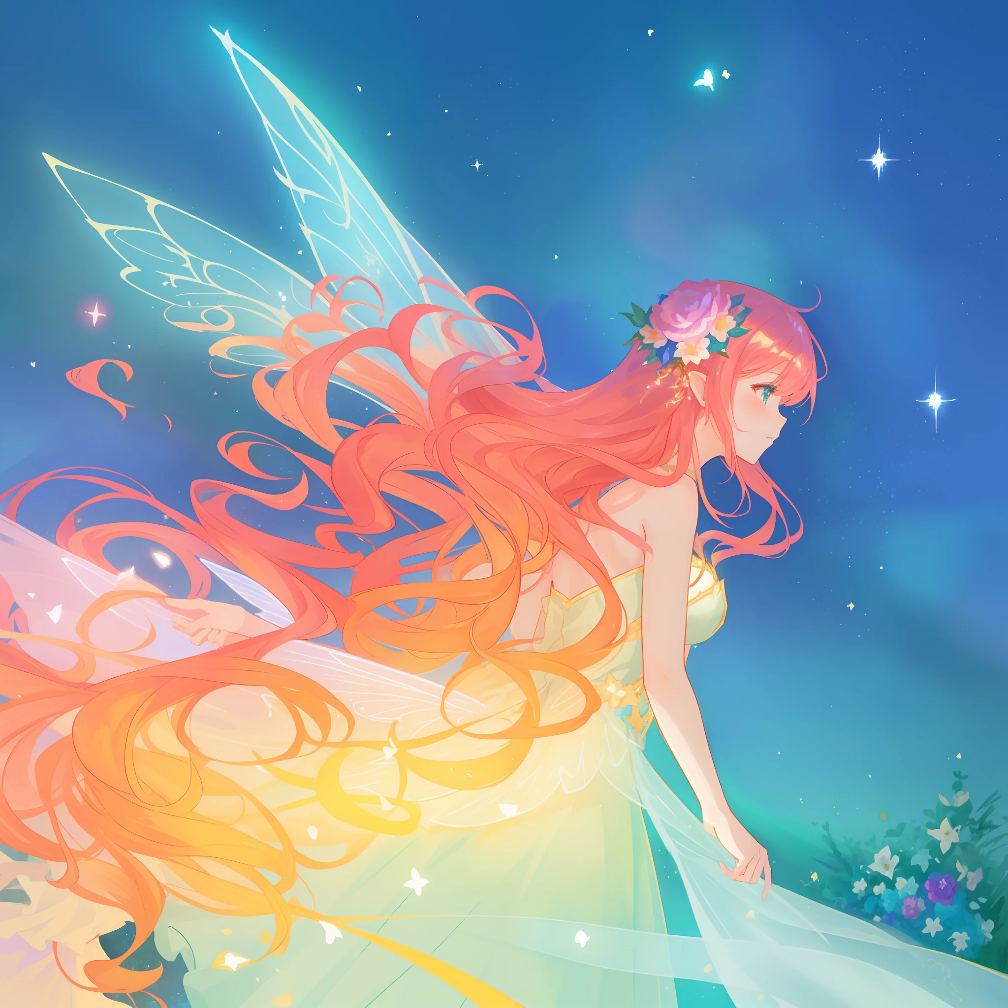 beautiful girl in fairy dress made of flower petals, beautiful fairy queen surrounded by colorful fairies, glowing tiny fairies, ((warm colors)), (glowing fairy wings), glowing flowing ballgown, long wavy hair, sparkling fairy wings, watercolor illustration, flowers and colorful plants, inspired by Glen Keane, inspired by Lois van Baarle, disney art style, by Lois van Baarle, glowing aura around her, by Glen Keane, jen bartel, glowing lights! digital painting, flowing glowing hair, glowing flowing hair, beautiful digital illustration, fantasia otherworldly landscape plants flowers, beautiful, masterpiece, best quality, anime disney style
