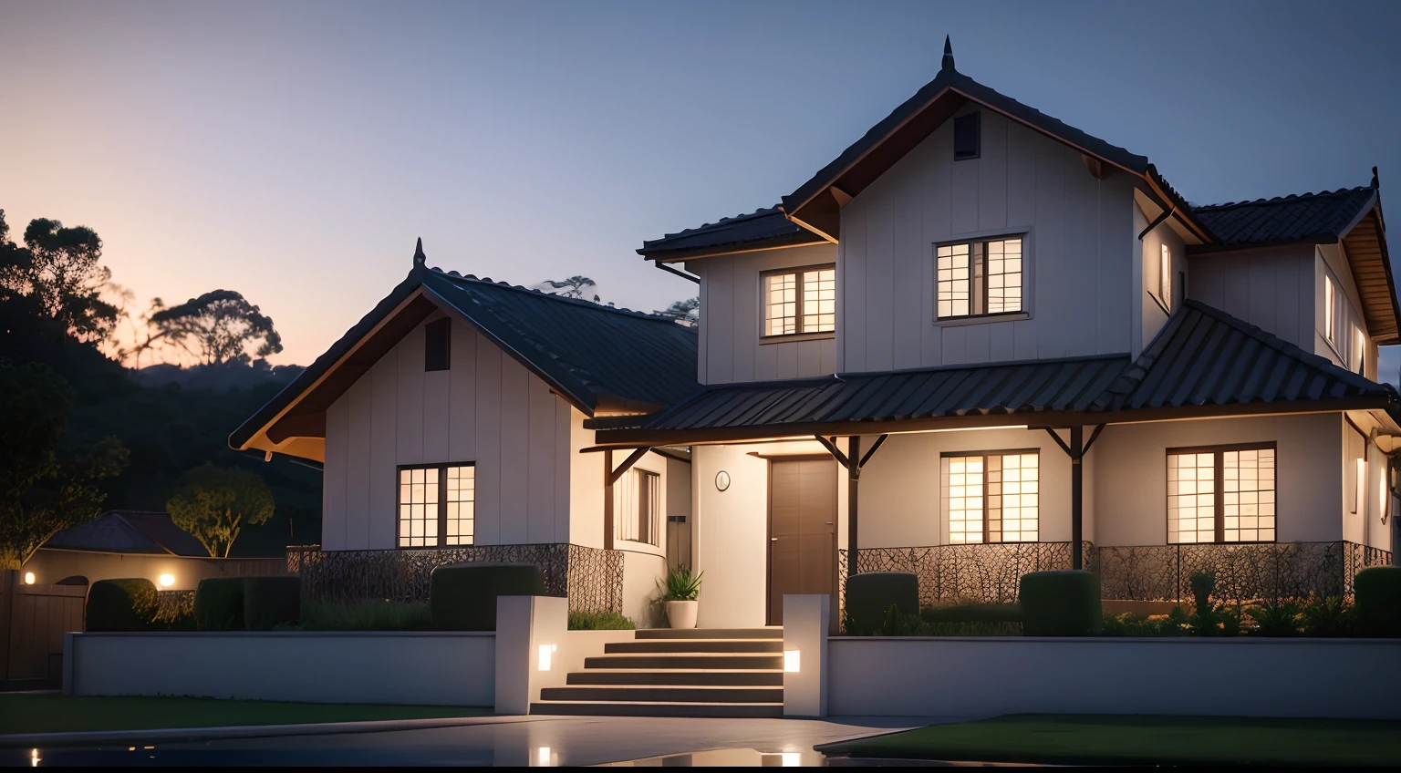 Casa no campo, no meio da flotesta, campo gramado em volta, Cinematic qualide, night ligthning, Lumion Pro rendering.