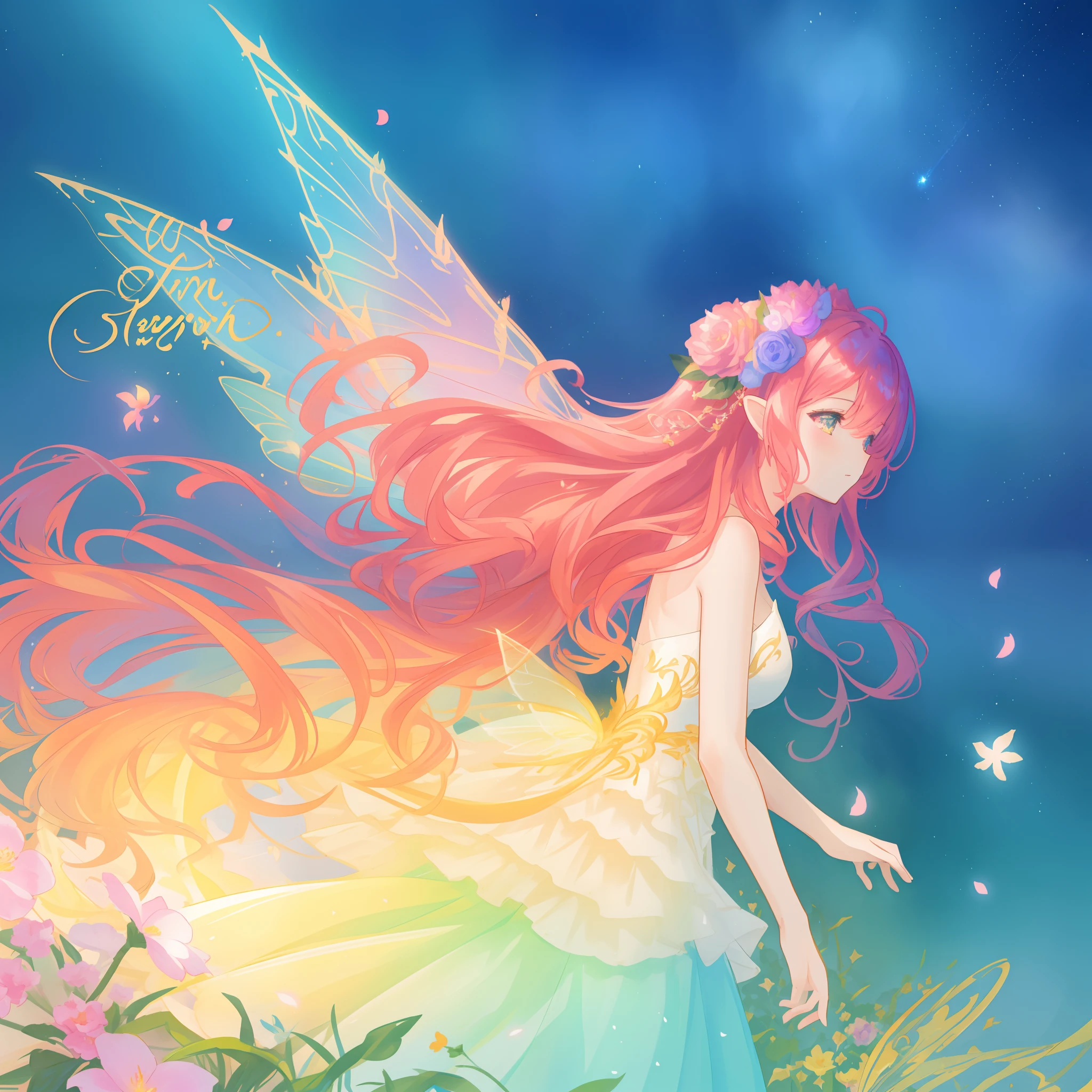 beautiful girl in flowing ballgown dress, (glowing fairy wings), glowing flowing ballgown, long wavy hair, sparkling fairy wings, watercolor illustration, flowers and colorful plants, inspired by Glen Keane, inspired by Lois van Baarle, disney art style, by Lois van Baarle, glowing aura around her, by Glen Keane, jen bartel, glowing lights! digital painting, flowing glowing hair, glowing flowing hair, beautiful digital illustration, fantasia otherworldly landscape plants flowers, beautiful, masterpiece, best quality, anime disney style, fairy queen