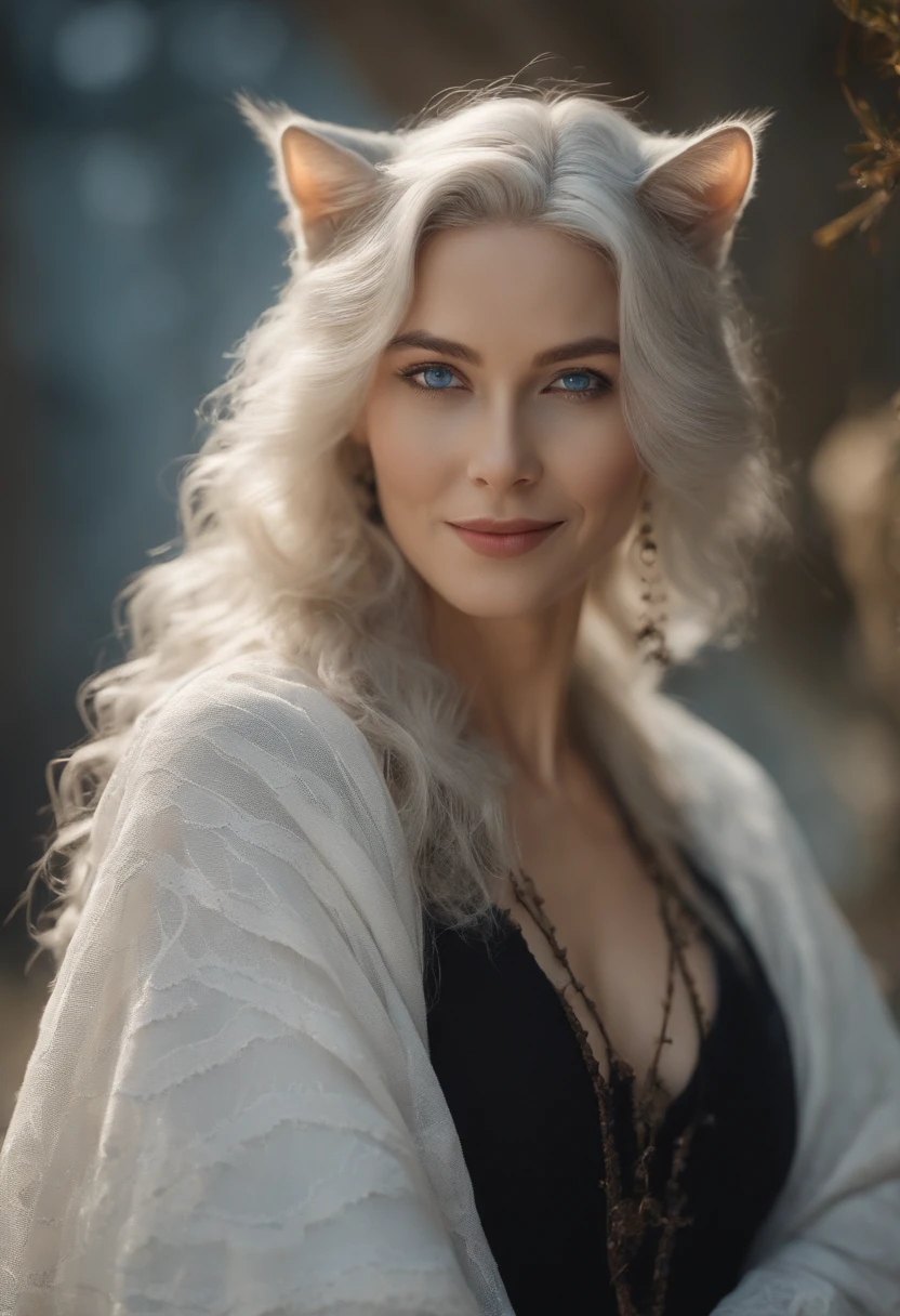 (Masterpiece: 1.2, highest quality), (real photo, intricate details), 1 Lady, Solo, Upper body, Casual, shoulder length hair, Minimal makeup, Natural fabric, Face close-up, Smile, Home, white hair, blue eyes, cat ears,