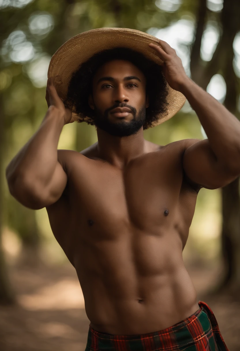 8k, master part, Fotografia RAW, best quality, fotorrealista, papel de parede CG Unity 8k altamente detalhado, profundidade de campo, Cinematic light, .RAW, (extremely beautiful and charismatic face, beautiful lips, Olhos bonitos), rosto intrincadamente detalhado, (pele ultra detalhada), 1 Homem, na natureza, em sombras profundas, Macho moreno jovem bonito, (corpo muito forte e musculoso:1.3), (grande olhar determinado) :1.3), (not shirt), (floresta,noite escura, Noite estrelada, Fundo desfocado), mais nu, Tartan Kilt, cabelos longos e morenos, corpo inteiro, dramatic light, tempestade