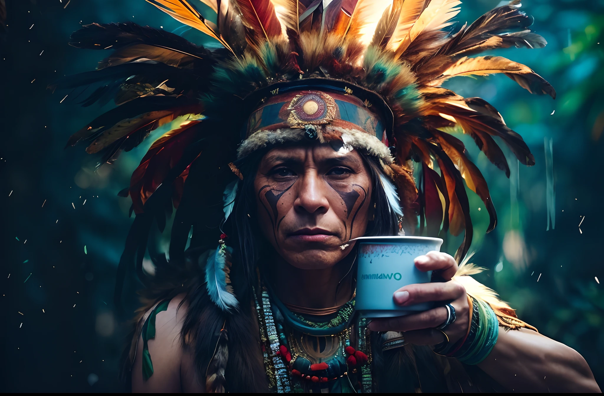 a man in a feather headdress holding a cup of coffee, ayahuasca shaman, Nativo americano, psychedelic shaman, xamanismo, indigenous man, Indian warrior, a shaman holding up the universe, wholesome techno - shaman lady, Guerreiro nativo americano, Shaman, tribo antiga, Um guerreiro nativo americano, INDIAN, : native american shamen fantasy, Indigenous soft front light, brilho, HDR, (cores suaves: 1.2) Hiperealista,realista, Realismo, renderizado, Alto contraste, digital art photographyrealistic trend in Artstation 8k HD high definition detailed realistic, detalhado, textura da pele, hiper detalhado, textura de pele realista, armadura, melhor qualidade, ultra high-resolution, (fotografiarrealista: 1.4), alta resolução, detalhado, Calado bruto, sharp re, por lee jeffries Nikon D850 Filme Fotografia de Stock 4 Kodak Portra 400 Lente F1.6 Rich Colors Realistic Texture Dramatic Texture Dramatic Lighting Irrealengine Trend on Artstation Cinestill 800