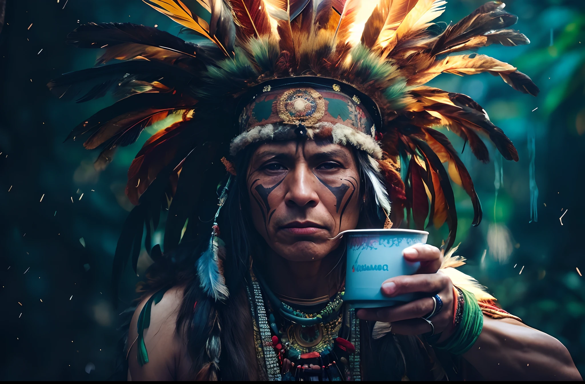 a man in a feather headdress holding a cup of coffee, ayahuasca shaman, Nativo americano, psychedelic shaman, xamanismo, indigenous man, Indian warrior, a shaman holding up the universe, wholesome techno - shaman lady, Guerreiro nativo americano, Shaman, tribo antiga, Um guerreiro nativo americano, INDIAN, : native american shamen fantasy, Indigenous soft front light, brilho, HDR, (cores suaves: 1.2) Hiperealista,realista, Realismo, renderizado, Alto contraste, digital art photographyrealistic trend in Artstation 8k HD high definition detailed realistic, detalhado, textura da pele, hiper detalhado, textura de pele realista, armadura, melhor qualidade, ultra high-resolution, (fotografiarrealista: 1.4), alta resolução, detalhado, Calado bruto, sharp re, por lee jeffries Nikon D850 Filme Fotografia de Stock 4 Kodak Portra 400 Lente F1.6 Rich Colors Realistic Texture Dramatic Texture Dramatic Lighting Irrealengine Trend on Artstation Cinestill 800