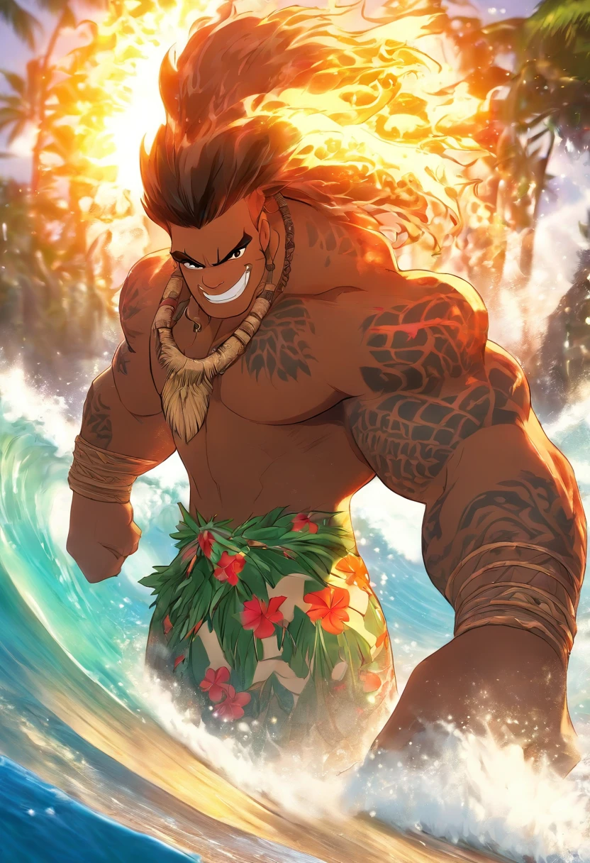 (((Hawaiian Hero))) best quality, ultra-high resolution, 4K detailed CG, master piece, Maui,Giant fishhook,beach, Hawaiian clothing, Hawaii, Maori tattoos, Maori mythology, ((Giant fishhook)), Style of Maori image, aesthetic, screen-centered, full body, full body