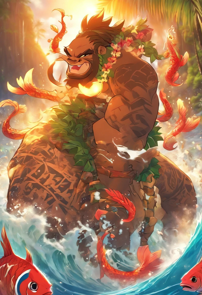 (((Hawaiian Hero))) best quality, ultra-high resolution, 4K detailed CG, master piece, Maui,Giant fishhook,beach, Hawaiian clothing, Hawaii, Maori tattoos, Maori mythology, ((Giant fishhook)), Style of Maori image, aesthetic, screen-centered, full body, full body