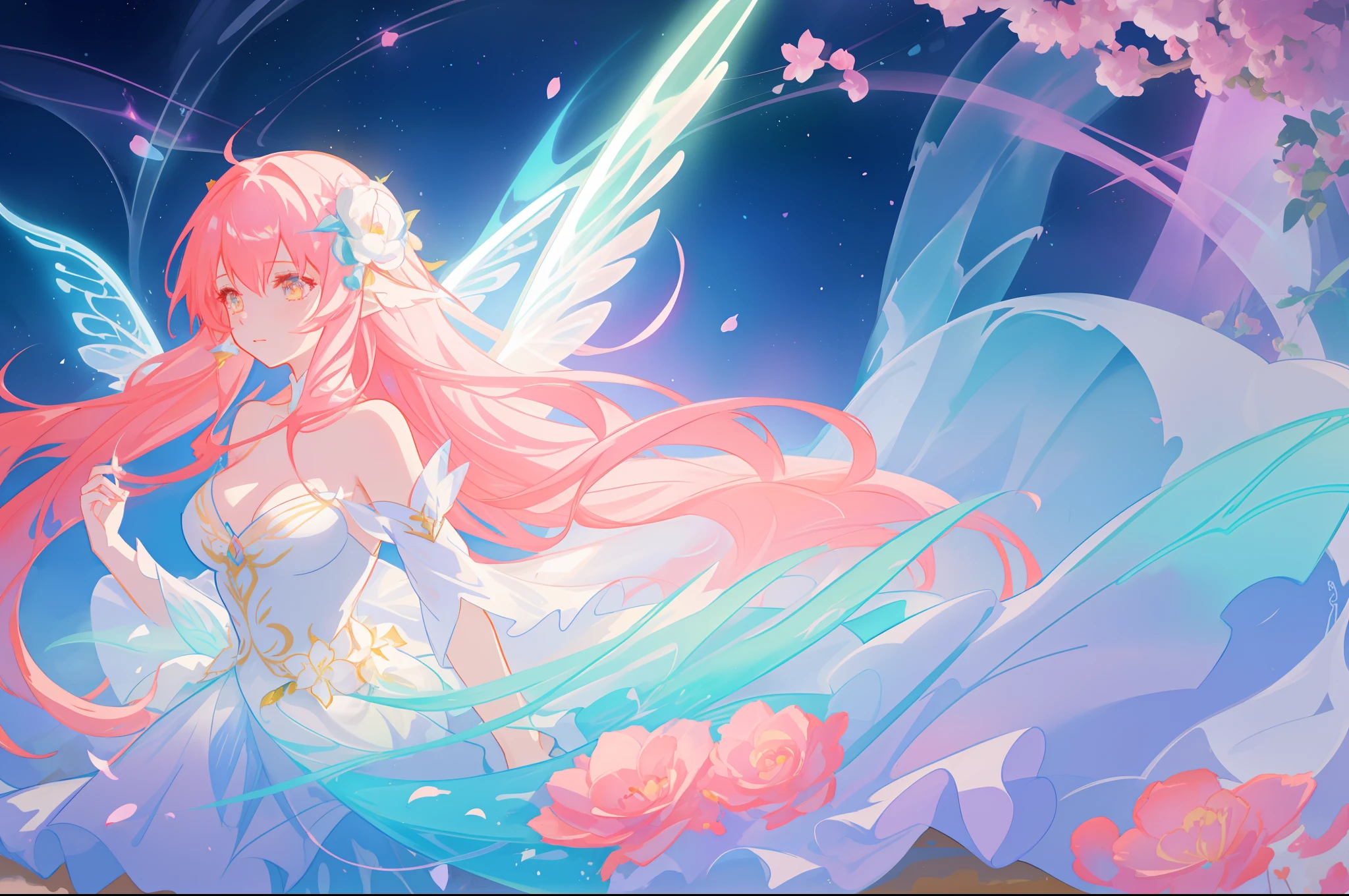 beautiful girl in flowing white fairy dress, (large glowing fairy wings), glowing flowing ballgown, long wavy red hair, otherworldly landscape, glowing flowers and plants, pastel colors, sparkling fairy wings, watercolor illustration, flowers and colorful plants, inspired by Glen Keane, inspired by Lois van Baarle, disney art style, by Lois van Baarle, glowing aura around her, by Glen Keane, jen bartel, glowing lights! digital painting, flowing glowing hair, glowing flowing hair, beautiful digital illustration, fantasia otherworldly landscape plants flowers, beautiful, masterpiece, best quality, anime disney style