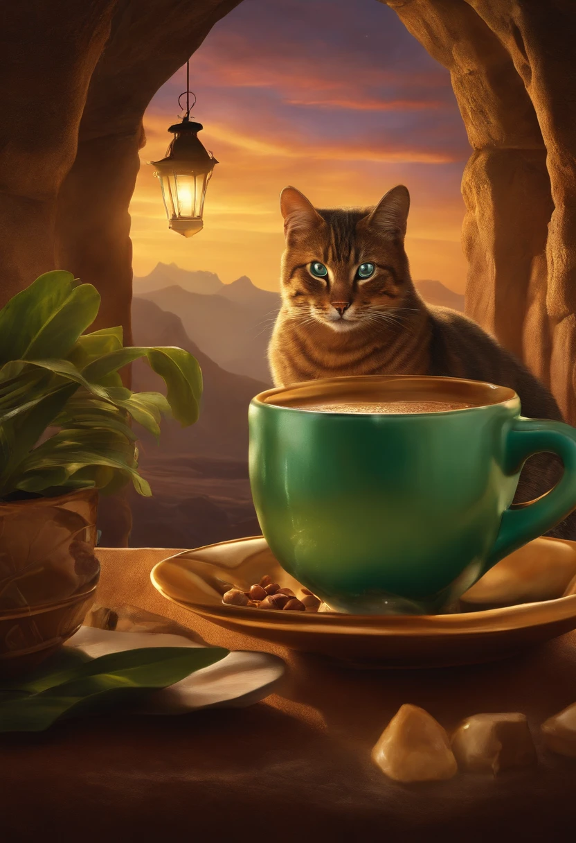 a cat drinks a caffé in a prehistoric bar. quantum art paintings are on the walls