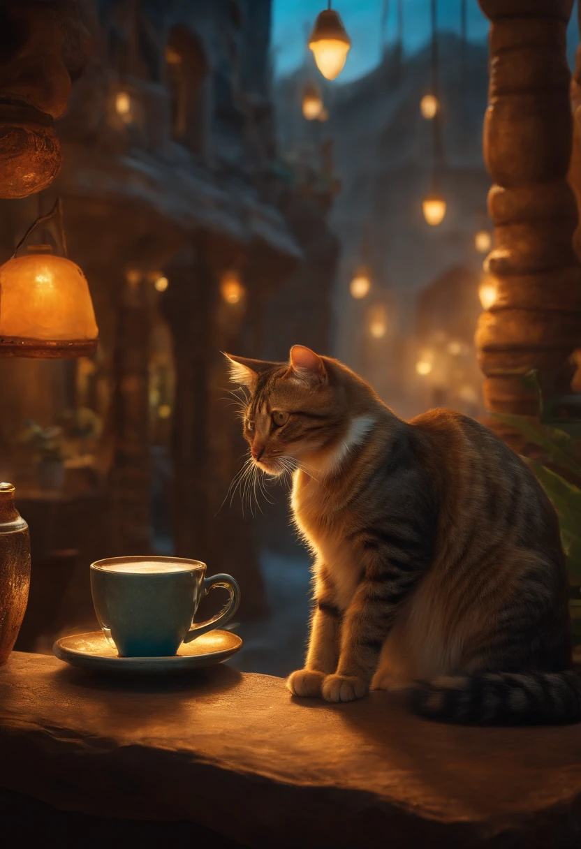 a cat drinks a caffé in a prehistoric bar. quantum art paintings are on the walls
