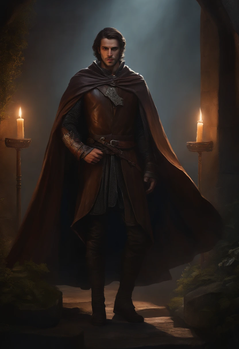 Closeup of a tall thin young man in cape and cloak standing in a dark room, Man with long arms and legs, flowing robes and leather armor, imagem de um alquimista masculino, male artificer, Arte conceitual de The Witcher, RPG retrato arte conceitual, arte conceitual medieval, Retrato de personagem DND de corpo inteiro, Arte do personagem RPG, Man with potions and herbs on waist.