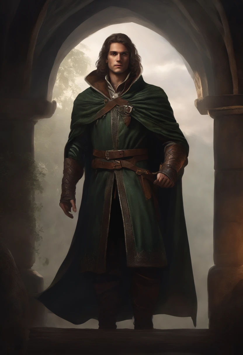 Closeup of a tall thin young man in cape and cloak standing in a dark room, Man with long arms and legs, flowing robes and leather armor, imagem de um alquimista masculino, male artificer, Arte conceitual de The Witcher, RPG retrato arte conceitual, arte conceitual medieval, Retrato de personagem DND de corpo inteiro, Arte do personagem RPG, Man with potions and herbs on waist.