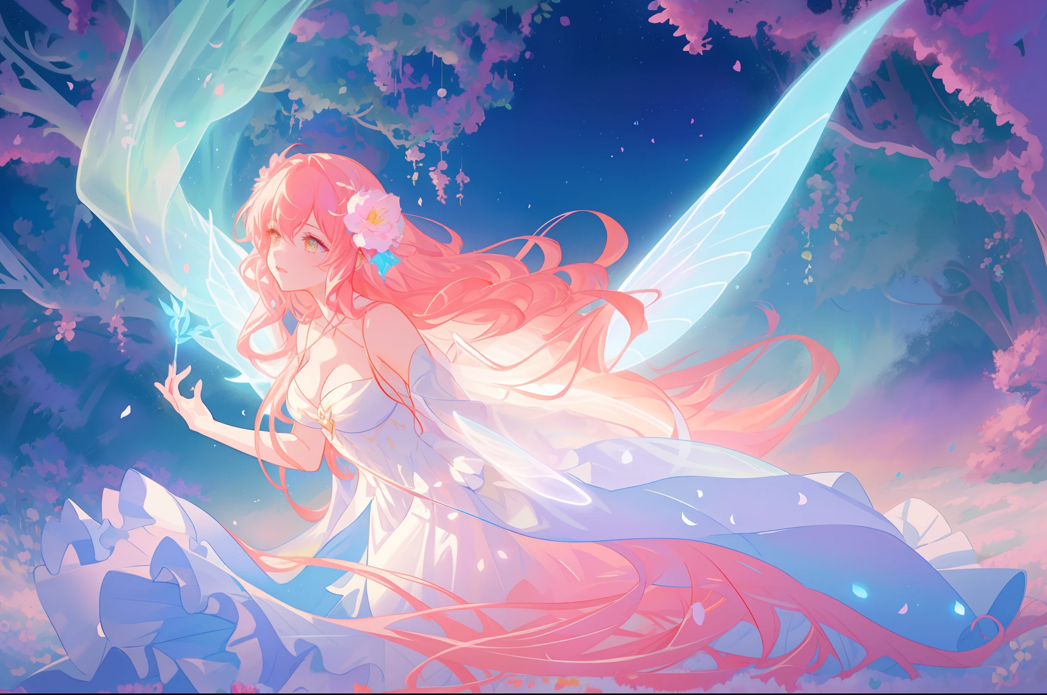 beautiful girl in flowing white fairy dress, (large glowing fairy wings), glowing flowing ballgown, long wavy red hair, otherworldly landscape, glowing flowers and plants, pastel colors, sparkling fairy wings, watercolor illustration, flowers and colorful plants, inspired by Glen Keane, inspired by Lois van Baarle, disney art style, by Lois van Baarle, glowing aura around her, by Glen Keane, jen bartel, glowing lights! digital painting, flowing glowing hair, glowing flowing hair, beautiful digital illustration, fantasia otherworldly landscape plants flowers, beautiful, masterpiece, best quality, anime disney style