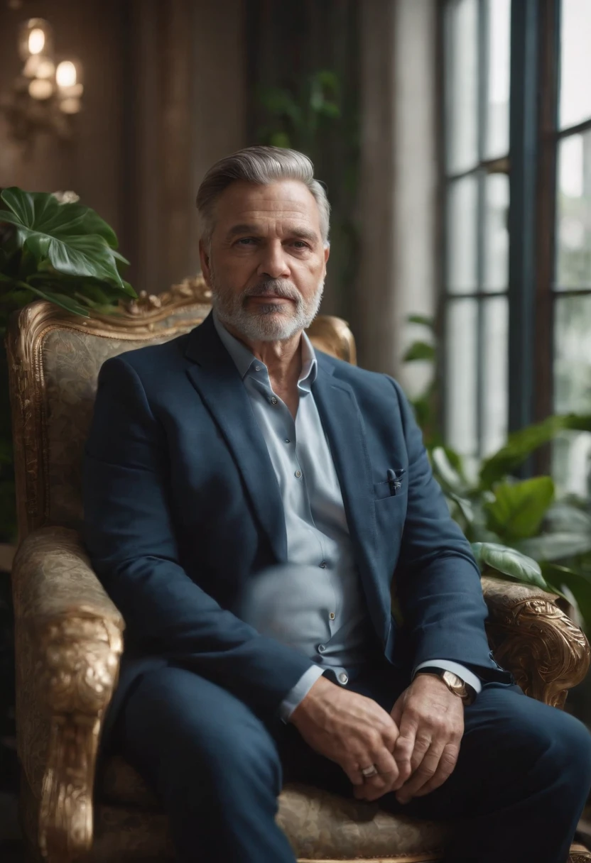 Foto 8k, fotografia ultra hd, Olhos rosto Ultra realista Hiper Realismo super detalhado obra de arte, fotografia de corpo completo, cheio, dynamic photography, Centralizado, um homem rechonchudo gordo barriga enorme tamanho barba cheia barba longa idade 57 ou um idoso de 65 anos grisalho, He's sitting in a luxurious armchair, In the background huge glass windows and decoration with many plants in the urban jungle style