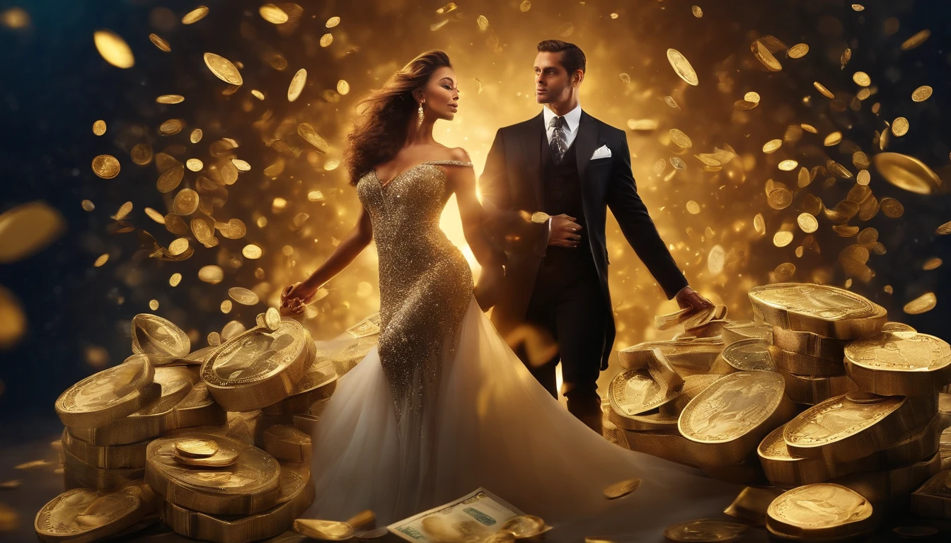 Create an image of a rich and powerful man and woman, surrounded by money, gold and diamonds, happy and enjoying luxury.