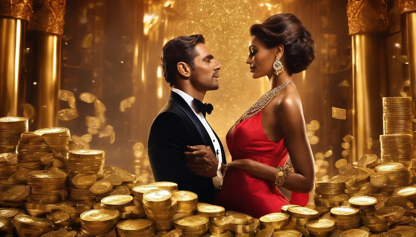 Create an image of a rich and powerful man and woman, surrounded by money, gold and diamonds, happy and enjoying luxury.