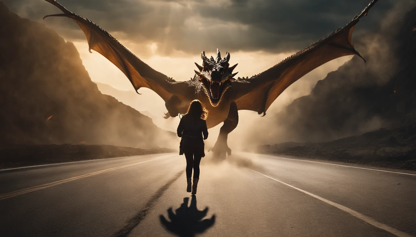 A dragon chasing a woman, Biblical image of the Apocalypse.
