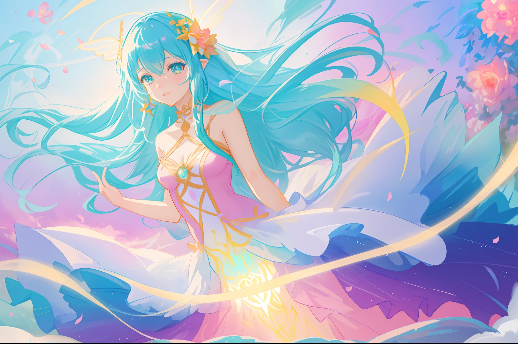 beautiful girl in flowing colorful dress, (glowing fairy wings), glowing flowing ballgown, (COLORFUL), (bright vibrant colors), magical, whimsical, fairyland, fairy queen, beautiful girl, long wavy hair, sparkling fairy wings, watercolor illustration, flowers and colorful plants, inspired by Glen Keane, inspired by Lois van Baarle, disney art style, by Lois van Baarle, glowing aura around her, by Glen Keane, jen bartel, glowing lights! digital painting, flowing glowing hair, glowing flowing hair, beautiful digital illustration, fantasia otherworldly landscape plants flowers, beautiful, masterpiece, best quality, anime disney style