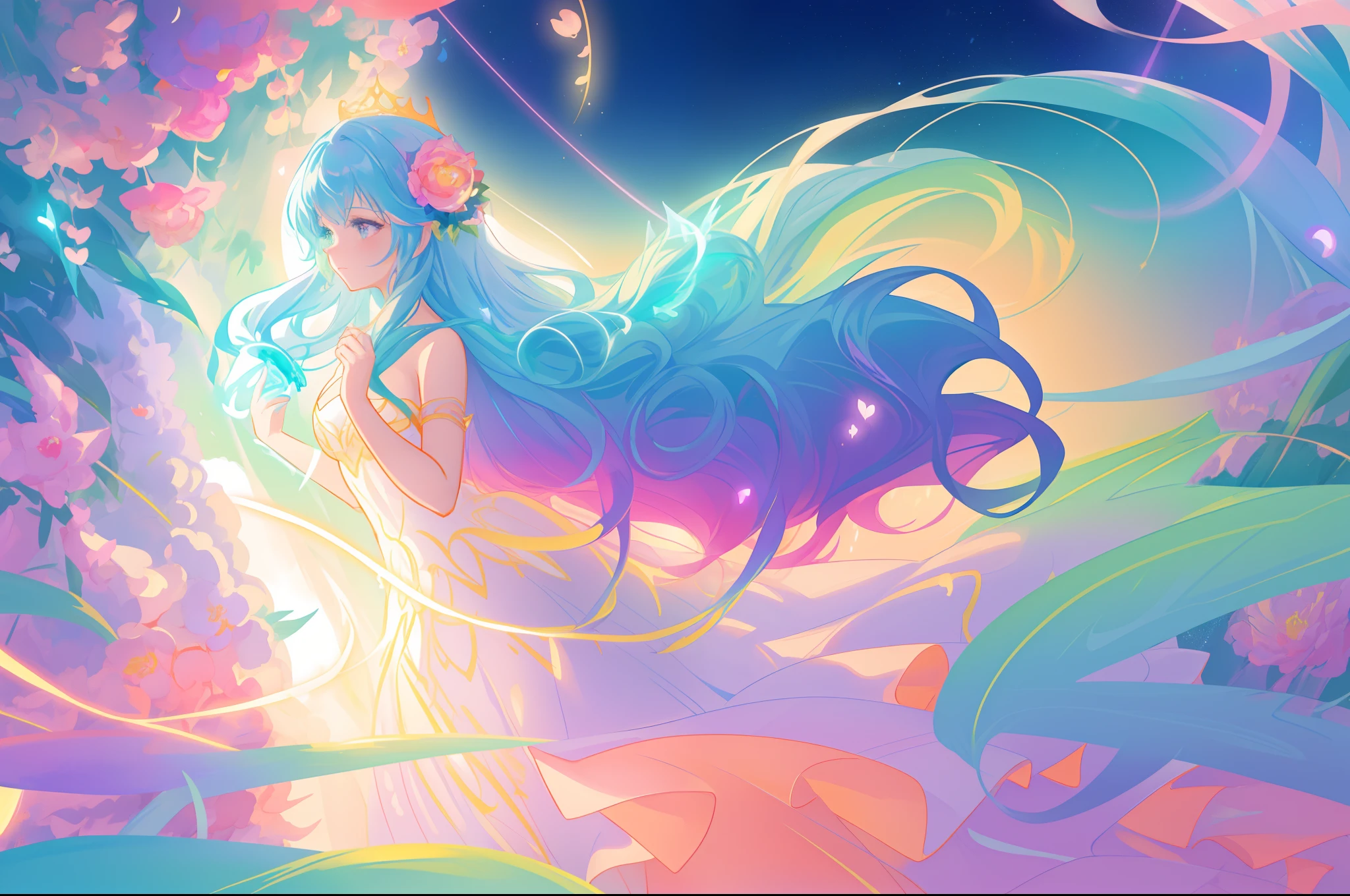 ((​masterpiece、top-quality、ultra-definition、hight resolution))、独奏、a beauty girl、rainbow、15yo student、White muscle、Long iridescent hair、Naked robes in 7 colors、total solar eclipse、Sorcerer、Say a Prayer、Exposing the armpits、Chest does not move、Turn your back、profile
