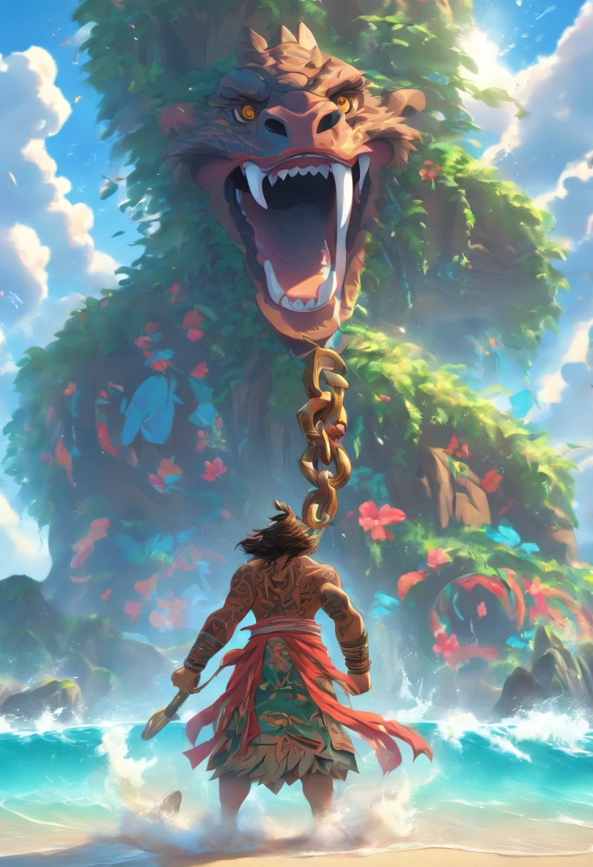 (((Giant hook)) best quality, ultra-high resolution, 4K detailed CG, master piece, Maui,Young, Hawaiian clothing, Hawaii, Maori tattoos, Maori mythology, ((Giant hook)), Maori image style, aesthetic , screen-centered, full body, full body