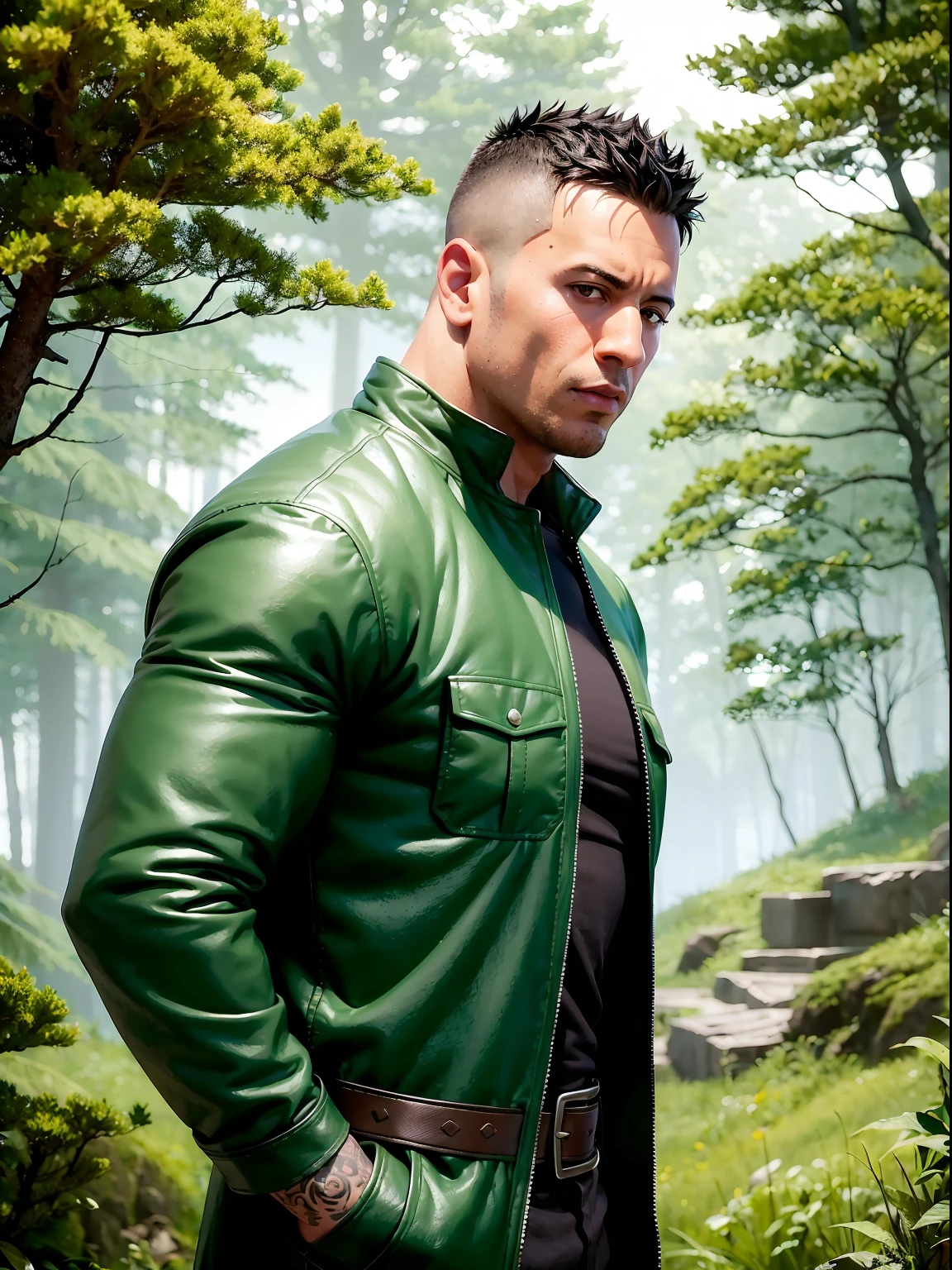 Arafed The Man in the Green Jacket in the Woods, Vin Diesel, Hero, Epic Fantasy as a Medieval Fantasy Character, Portrait of Fin the Wild Cloak, Dwayne Johnson as Harry Potter, Dominic Toretto, Fantasy Character Photo, Ronaldo Nazario, Profile Shot, Epic Fantasy D&D Hobbit Rogue