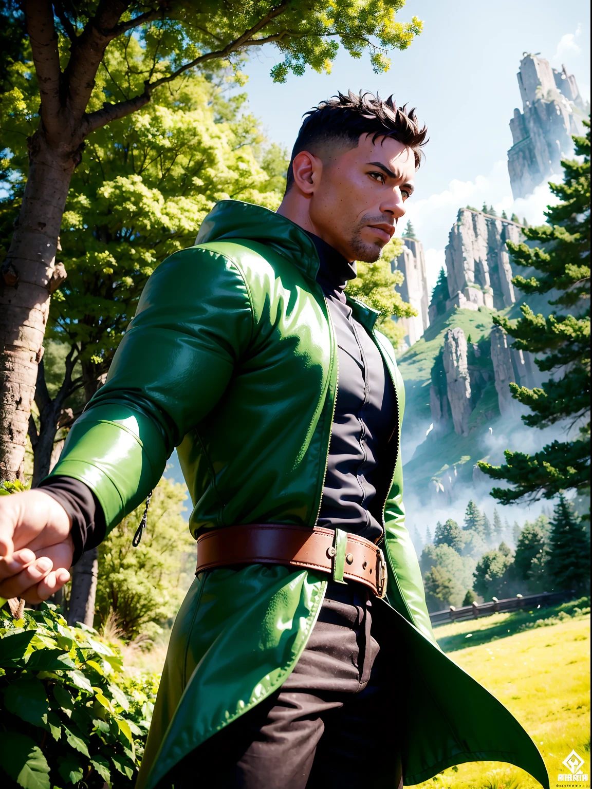 Arafed The Man in the Green Jacket in the Woods, Vin Diesel, Hero, Epic Fantasy as a Medieval Fantasy Character, Portrait of Fin the Wild Cloak, Dwayne Johnson as Harry Potter, Dominic Toretto, Fantasy Character Photo, Ronaldo Nazario, Profile Shot, Epic Fantasy D&D Hobbit Rogue