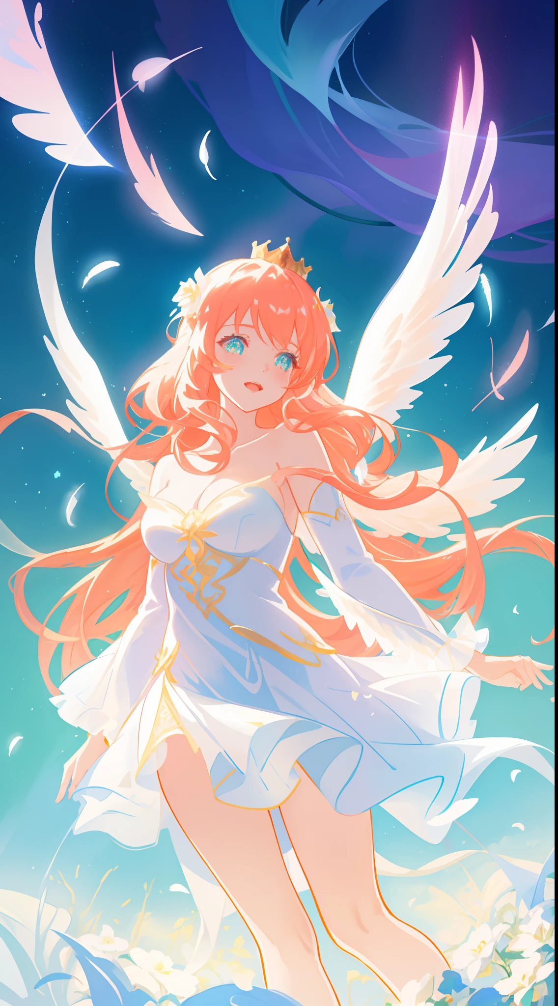 beautiful girl in flowing white dress, (glowing angel wings), glowing flowing ballgown, (large feathery white angel wings), angel wings, white feathers, flowing white ballgown dress, sparkling crown of white flowers on her head, long wavy red hair, sparkling angel wings, watercolor illustration, flowers and colorful plants, inspired by Glen Keane, inspired by Lois van Baarle, disney art style, by Lois van Baarle, glowing aura around her, by Glen Keane, jen bartel, glowing lights! digital painting, flowing glowing hair, glowing flowing hair, beautiful digital illustration, fantasia otherworldly landscape plants flowers, beautiful, masterpiece, best quality, anime disney style