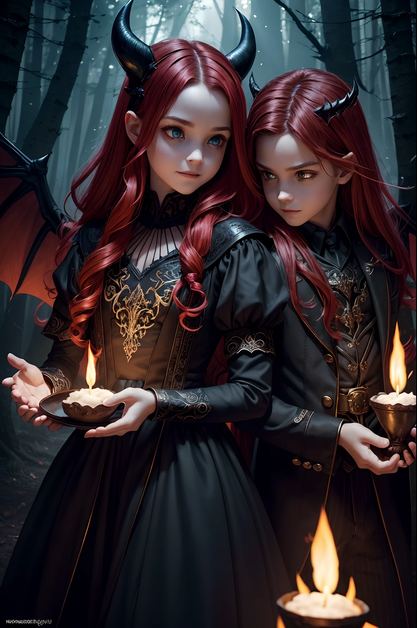 (best quality,4k,8k,highres,masterpiece:1.2),ultra-detailed,(realistic,photorealistic,photo-realistic:1.37),devil boy and girl holding hands,beautiful detailed eyes,beautiful detailed lips,demonic atmosphere,playful and mischievous expressions,dark and mysterious background,nighttime setting,gloomy lighting,sharp focus,dynamic poses,whimsical and colorful illustrations,creative shading techniques,fantasy art style,vivid colors,contrast between light and shadow,supernatural powers,enchanted forest,outfits in dark tones,cute and mischievous facial features,cartoonish yet detailed renderings,flaming red hair for the boy,long flowing hair for the girl,detailed and intricate accessories on their outfits,magical sparks and glowing effects around their hands,subtle hints of mischief in their expressions,joyful and mischievous atmosphere,amazing attention to detail,little devil horns on their heads,curved tails wrapped around their hands,demonic wings,evil grins,glowing yellow eyes,dark and mysterious aura,whimsical and dreamlike atmosphere,fantastical elements,enchanted forest as the backdrop,playful interaction between the boy and girl,expressive emotions,imagination at its best,captivating and dynamic artwork,a celebration of the supernatural,unleashing their magical powers,creating a sense of wonder and adventure with every stroke,artistic interpretation of an otherworldly bond between a devil boy and girl
Negative Prompts