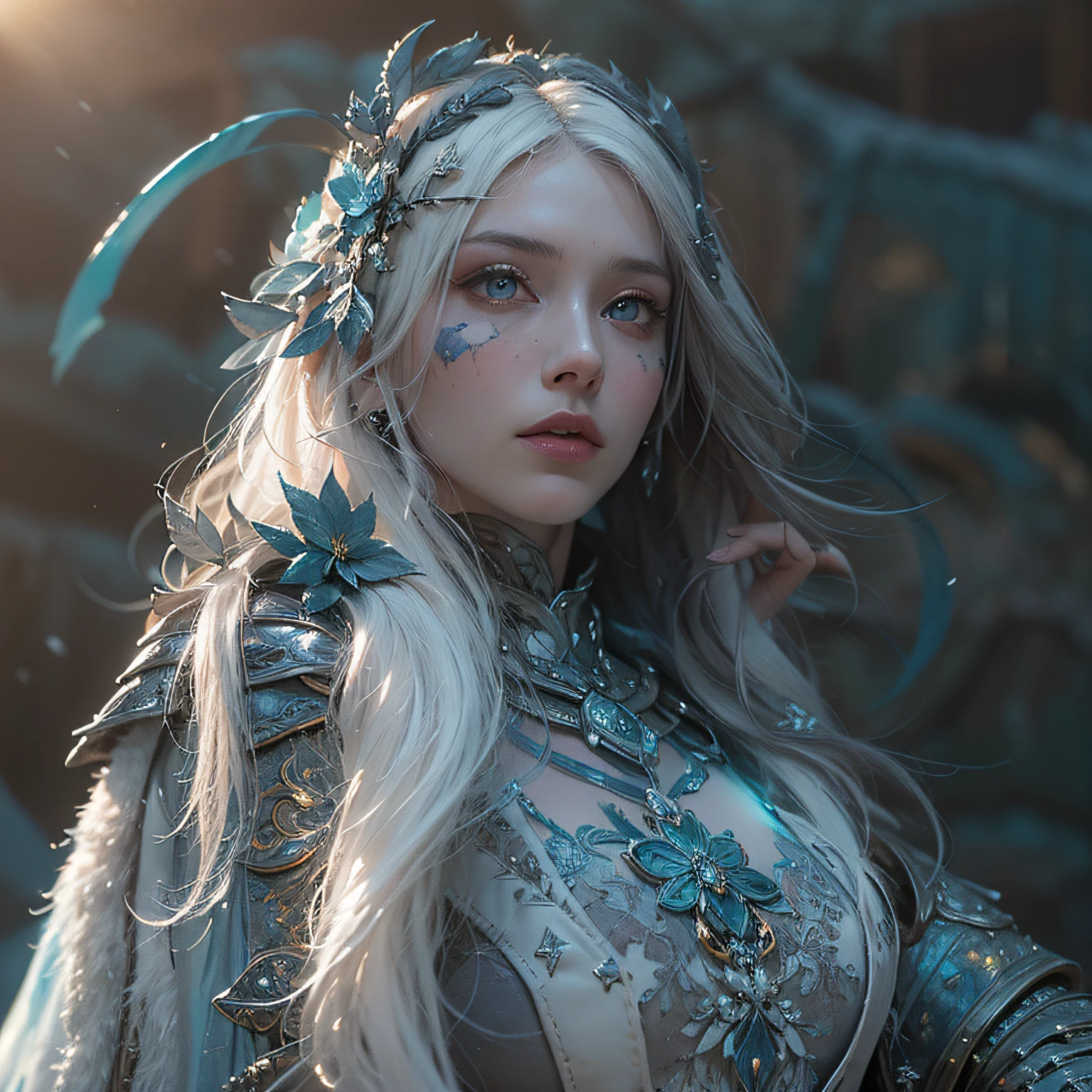 (Numerous award-winning masterpieces, with incredible detail, textures and maximum detail), (hyper realistic:1.4), (realistic:1.3), (upper body up:0.3), (best quality real texture skin), (full-body standing image:1.8), (Aesthetic and decadent image: 1.7), ((five perfect and beautiful fingers)), (Pale but beautiful face:1.8), (fine circular glowing red eyes: 1.2), (finely detailed true circle eyes), (finely Detailed and beautiful face:1.8), ((medieval world)), (Holds mythical bow with elaborate decoration that gives off a mysterious shine: 1.9),  (Veteran archers godess), (bow that emits a mysterious blue light with delicate decorations:1.9), in the dungeon, (white and blue full-body armor with delicate golden ornamentation), (The armor is scarred but delicately decorated:1.5), (wearing a wide-brimmed traveler's hat), (Full-length portrait:1.8), ((looks up)), ((looking down)), (dramatic pose), beautiful white hair, beautiful silver hair, beautiful blue hair ,black web robe, spiders on armor, (wears worn and tattered white leather pants), (Full length portrait:1.8), (Delicately decorated Costume:1.4), fantasy, ((dramatic photo)), ((dynamic photo)), full body view, highly detailed, ultra-realistic, intricate details, painting (artwork), ((masterpiece,best quality)), ((cinematic light)), hyper realistic, fearsome, dark fantasy , detailed armor, detailed helmet, epic realistic, faded, ((neutral colors)), art, (hdr:1.5), (muted colors:1.2), hyper detailed, (art station:1.5), cinematic, warm lights, light effect, dramatic light, (intricate details:1.1), complex background, (Greg rutkowski:0.8), (teal and orange:0.4), (Swirling flames), (Swirling lightning), (swirling ice and snow), Old ruins infested with plants, Ruins of an old castle, Ruins of an ancient castle, Abandoned mine, Deserted ruins, crumbling ruins, Ruins with clear puddles, twilight, sunset, dusk, Battlefield, bio luminescence,